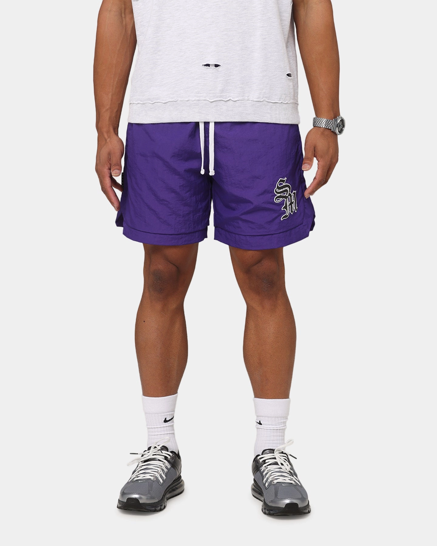 Saint Morta Gothic Monogram Nylon Shorts Purple loafers
