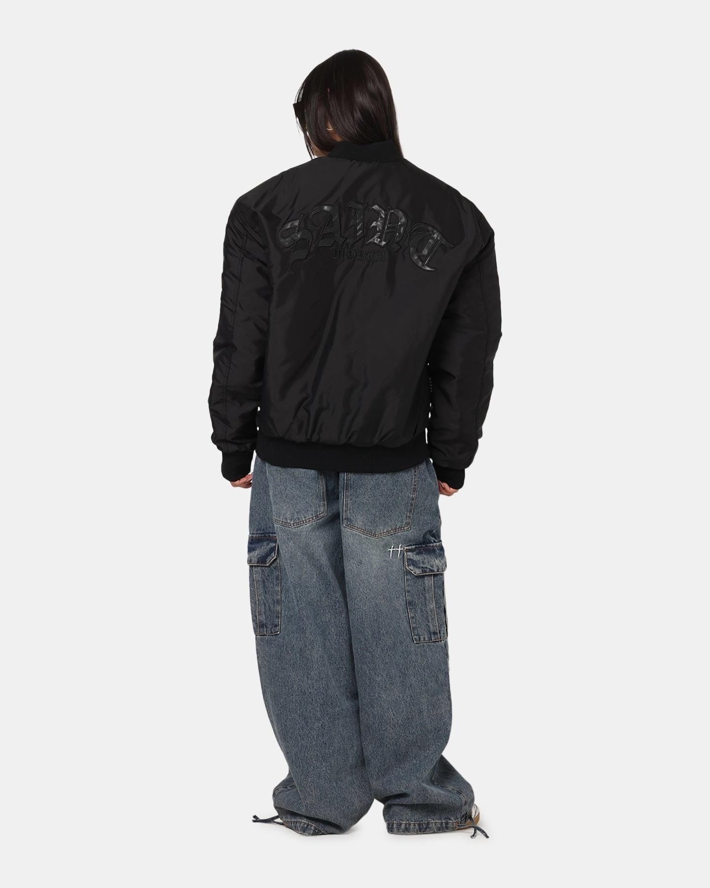 Saint Morta Gothic Noir Bomber Jacket Black HydrationCompatible Pocket Hidden Zipper Closure