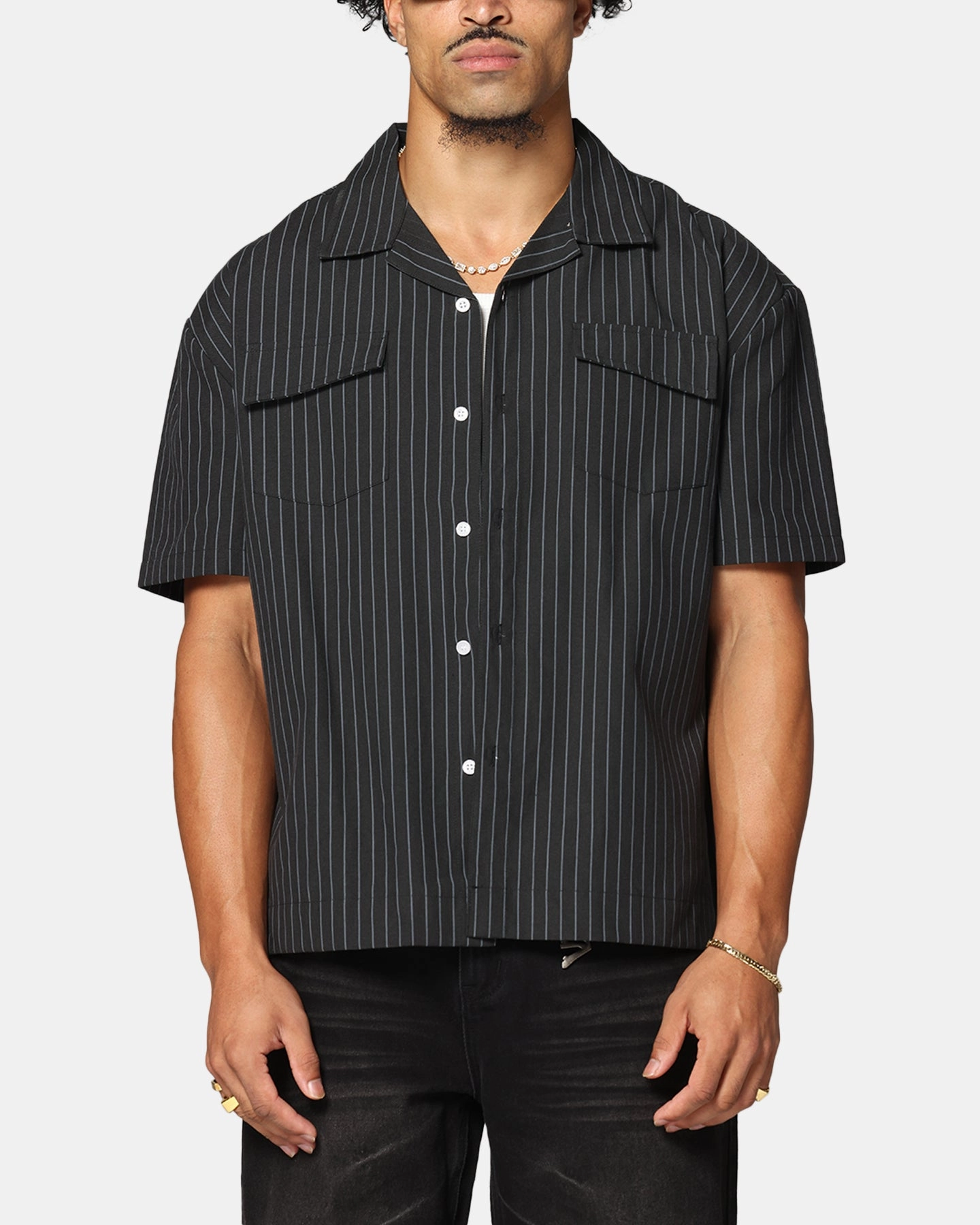 Saint Morta Gothic Pinstripe Button Up Shirt Black Premium Finish Multi Pocket Design