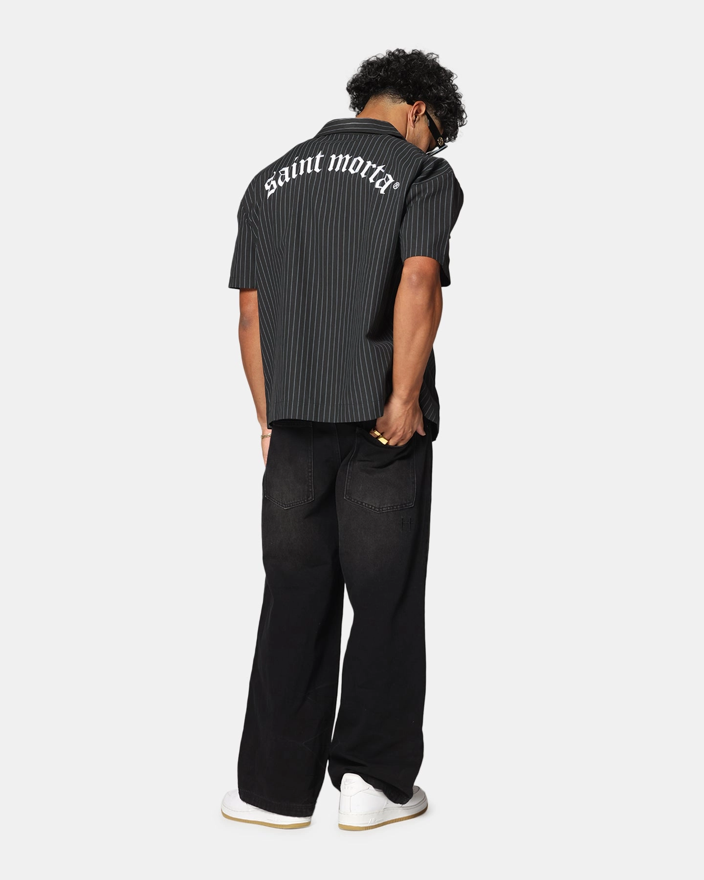 Saint Morta Gothic Pinstripe Button Up Shirt Black Summer Fashion Soft Texture