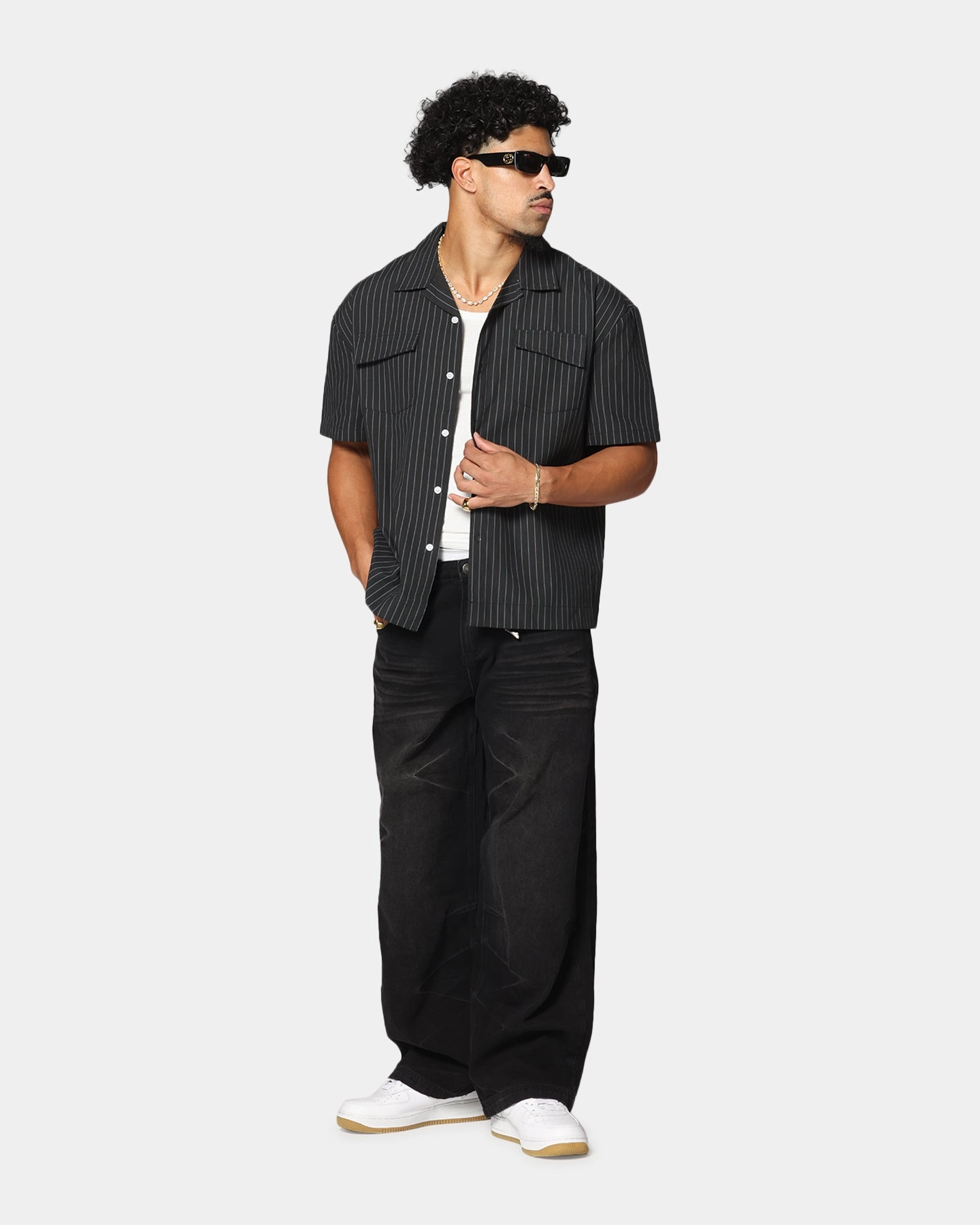 Sophisticated Look Saint Morta Gothic Pinstripe Button Up Shirt Black