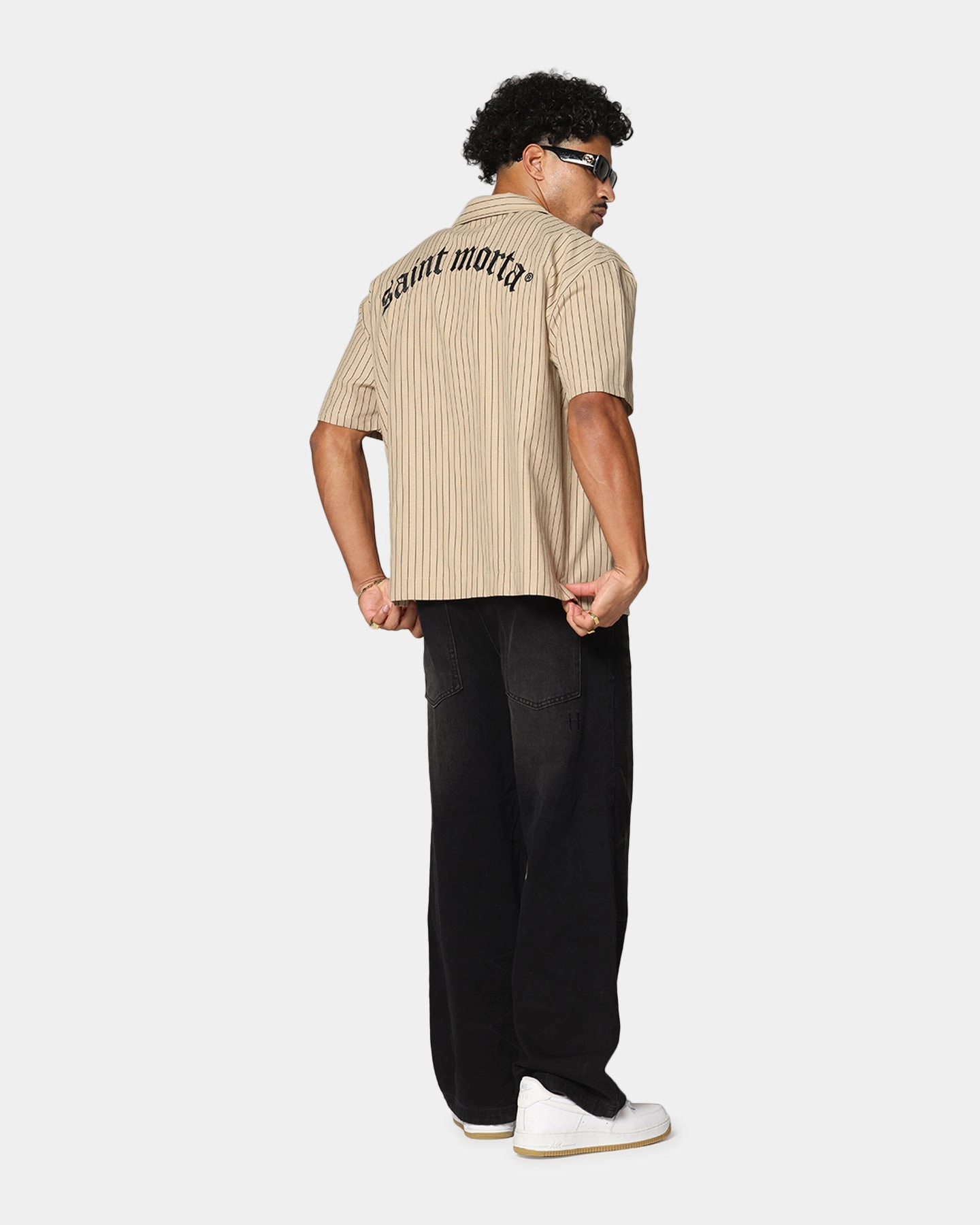 Saint Morta Gothic Pinstripe Button Up Shirt Tan Fitted Shape All-Weather Ready