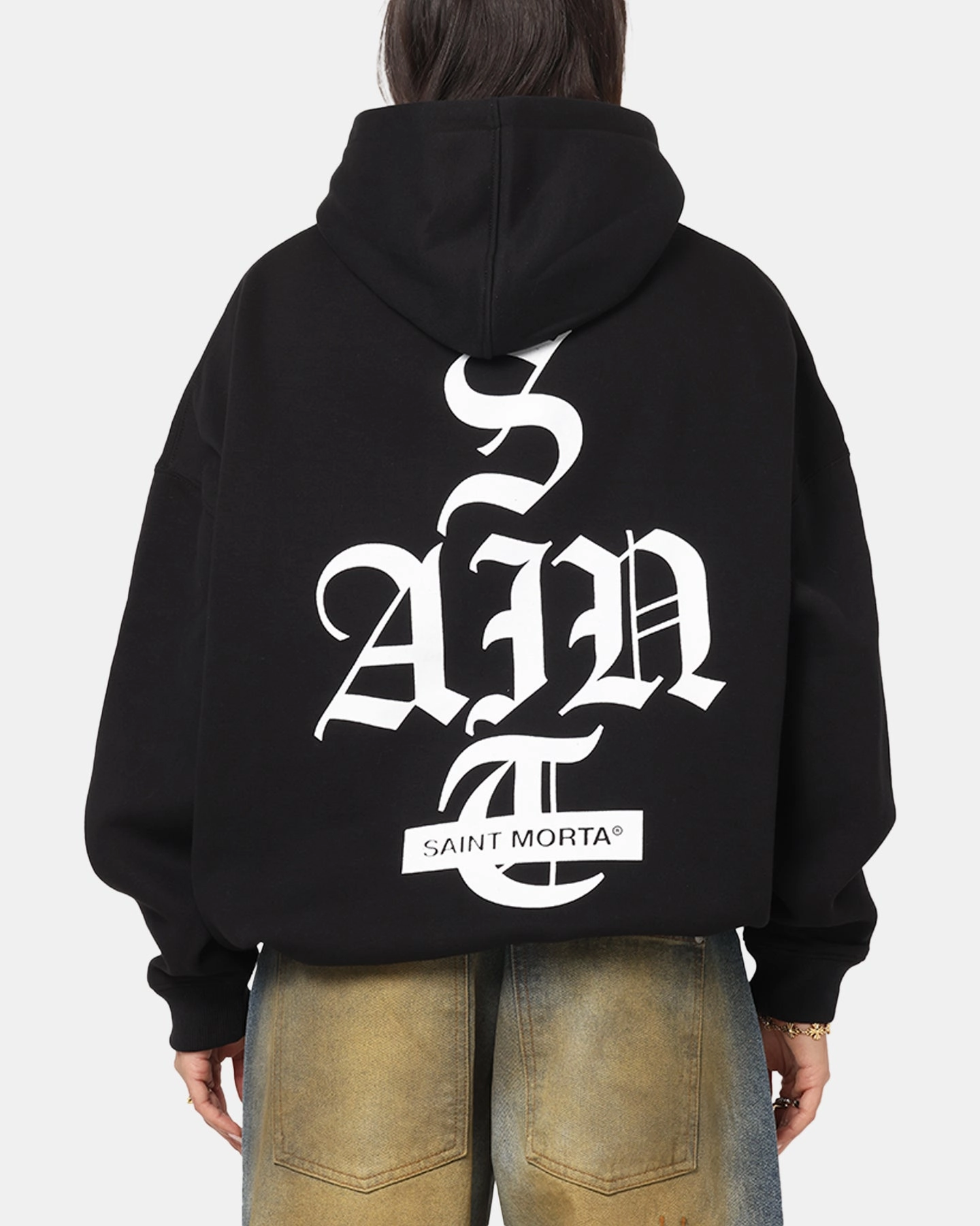 Saint Morta Gothic Stack Boxy Hoodie Black Water Resistant Material