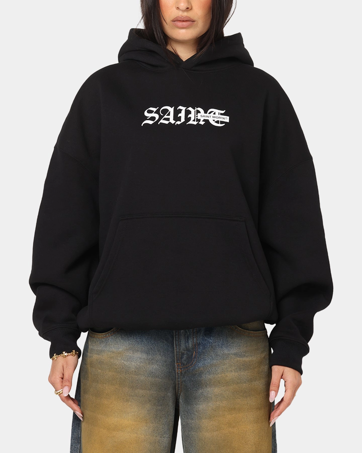 Saint Morta Gothic Stack Boxy Hoodie Black chest pockets Inspire