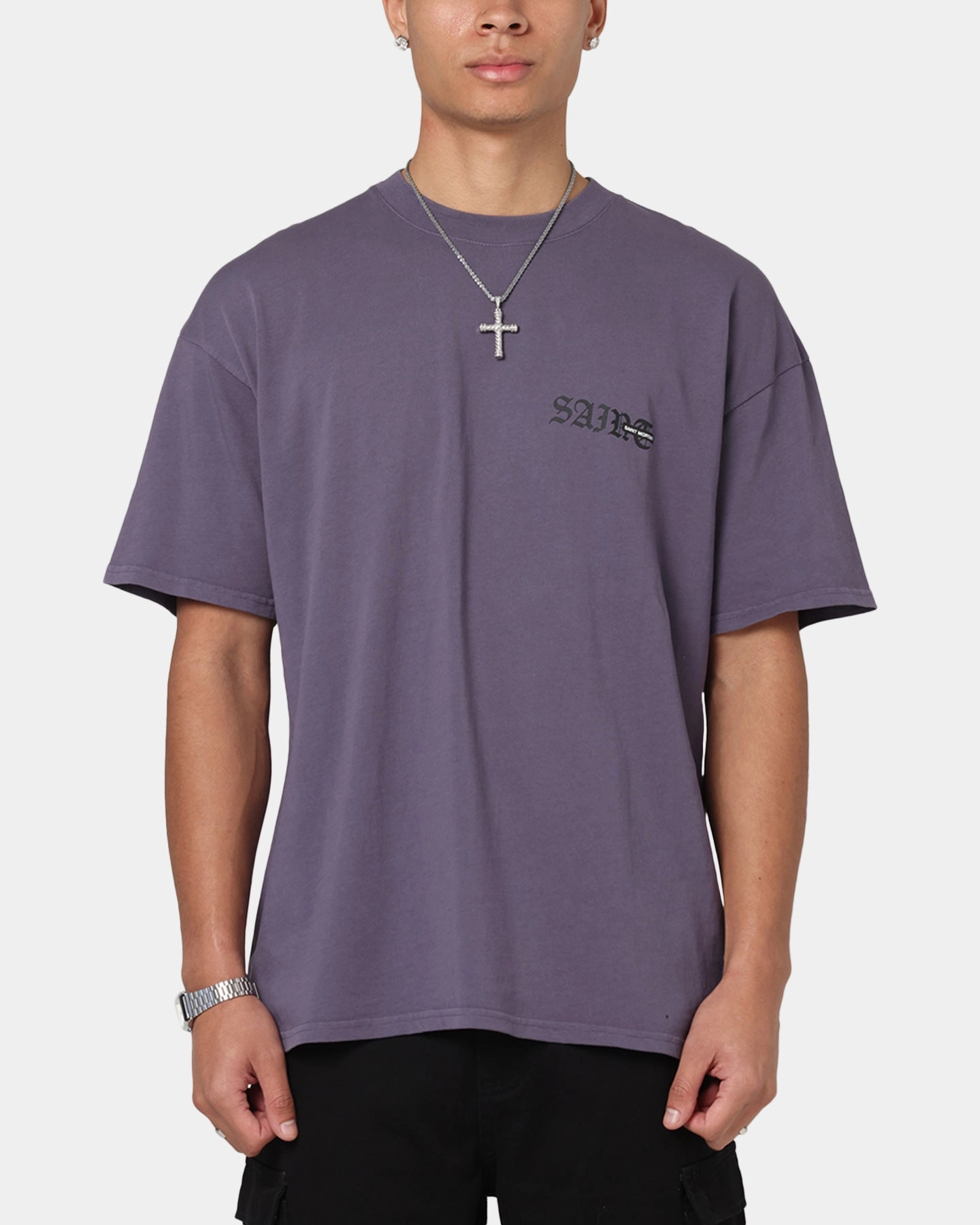 Comfortable Casual Vegan Saint Morta Gothic Stack T-Shirt Purple