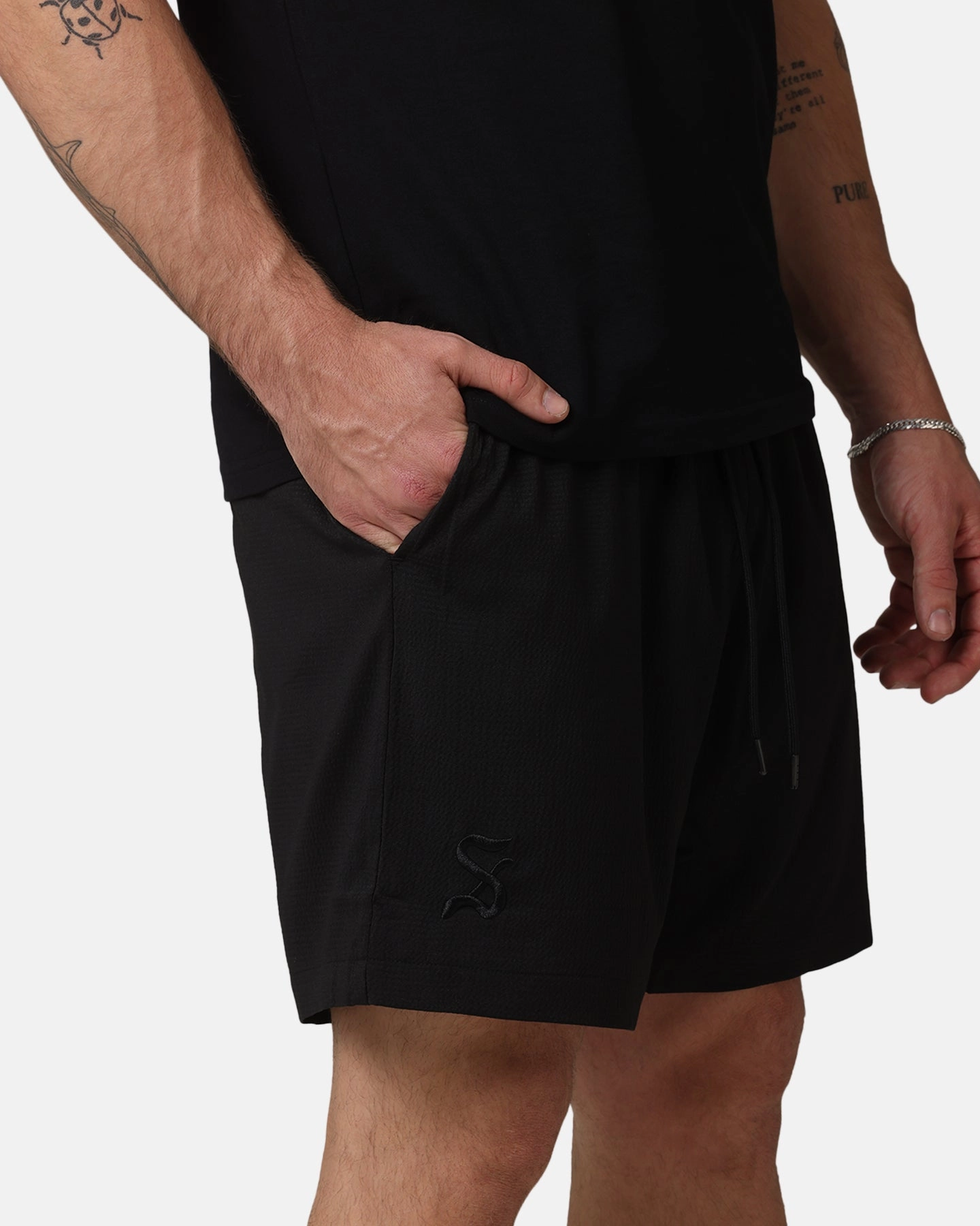 Saint Morta Gothic Walk Shorts Black denim material cheering section