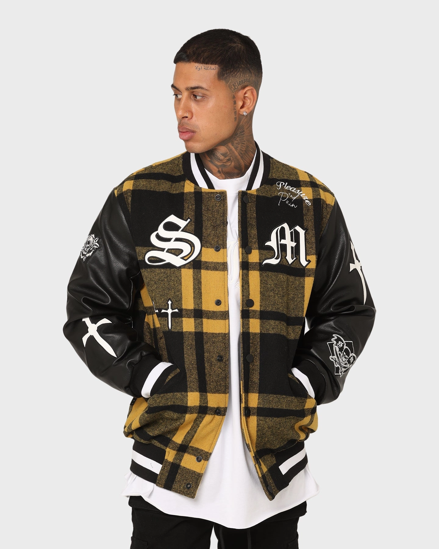 Saint Morta Graveyard Plaid Varsity Jacket Black/Yellow Chic Look