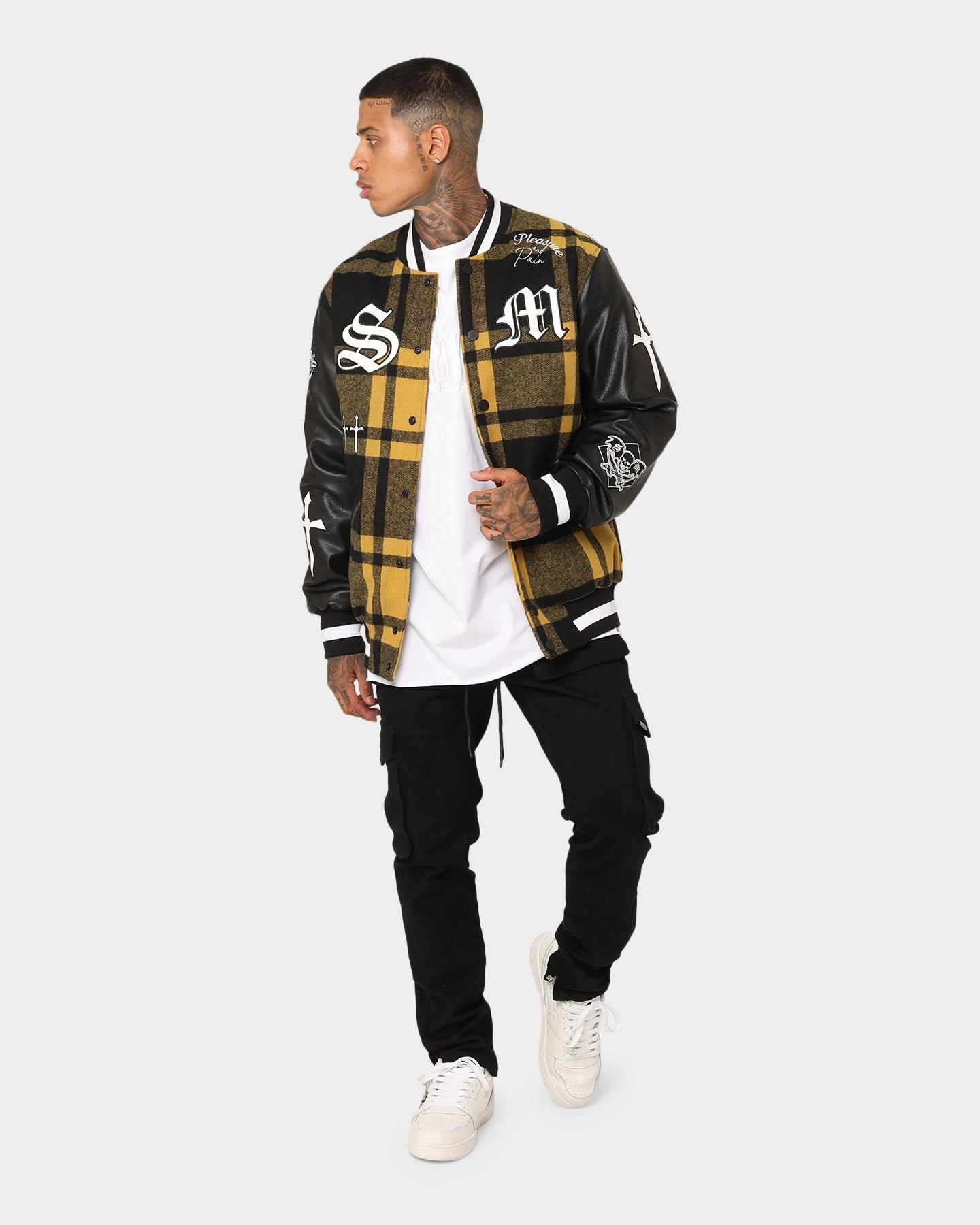 Adjustable Drawstring Hood high-end Saint Morta Graveyard Plaid Varsity Jacket Black/Yellow