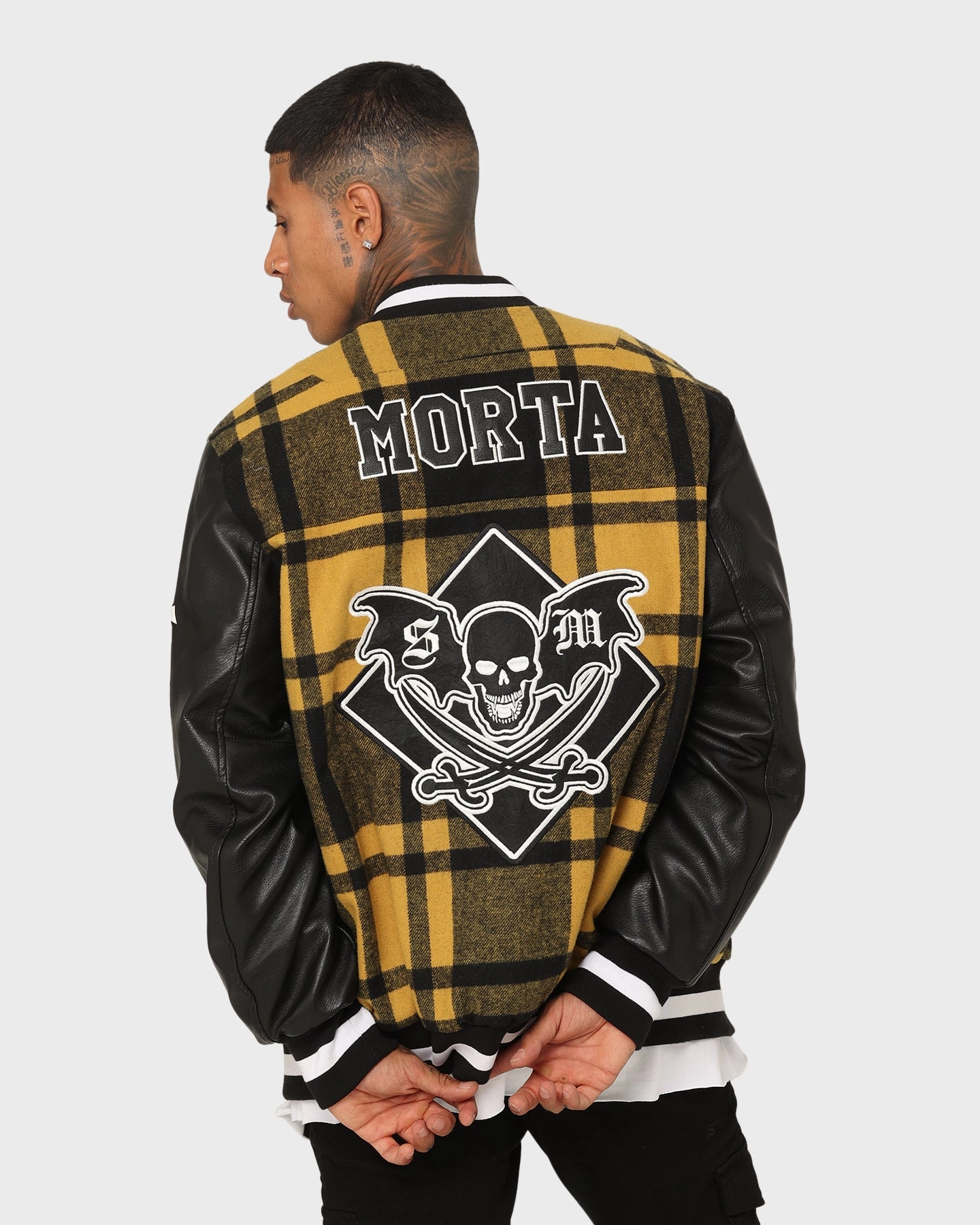 Report Commemorate Saint Morta Graveyard Plaid Varsity Jacket Black/Yellow