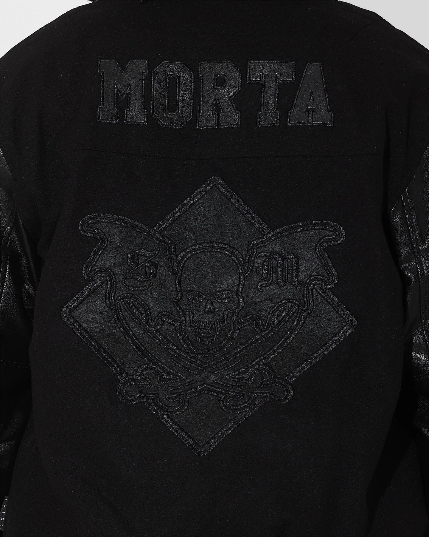 Storm Fit Tapered Silhouette Saint Morta Graveyard Varsity Jacket Black/Black