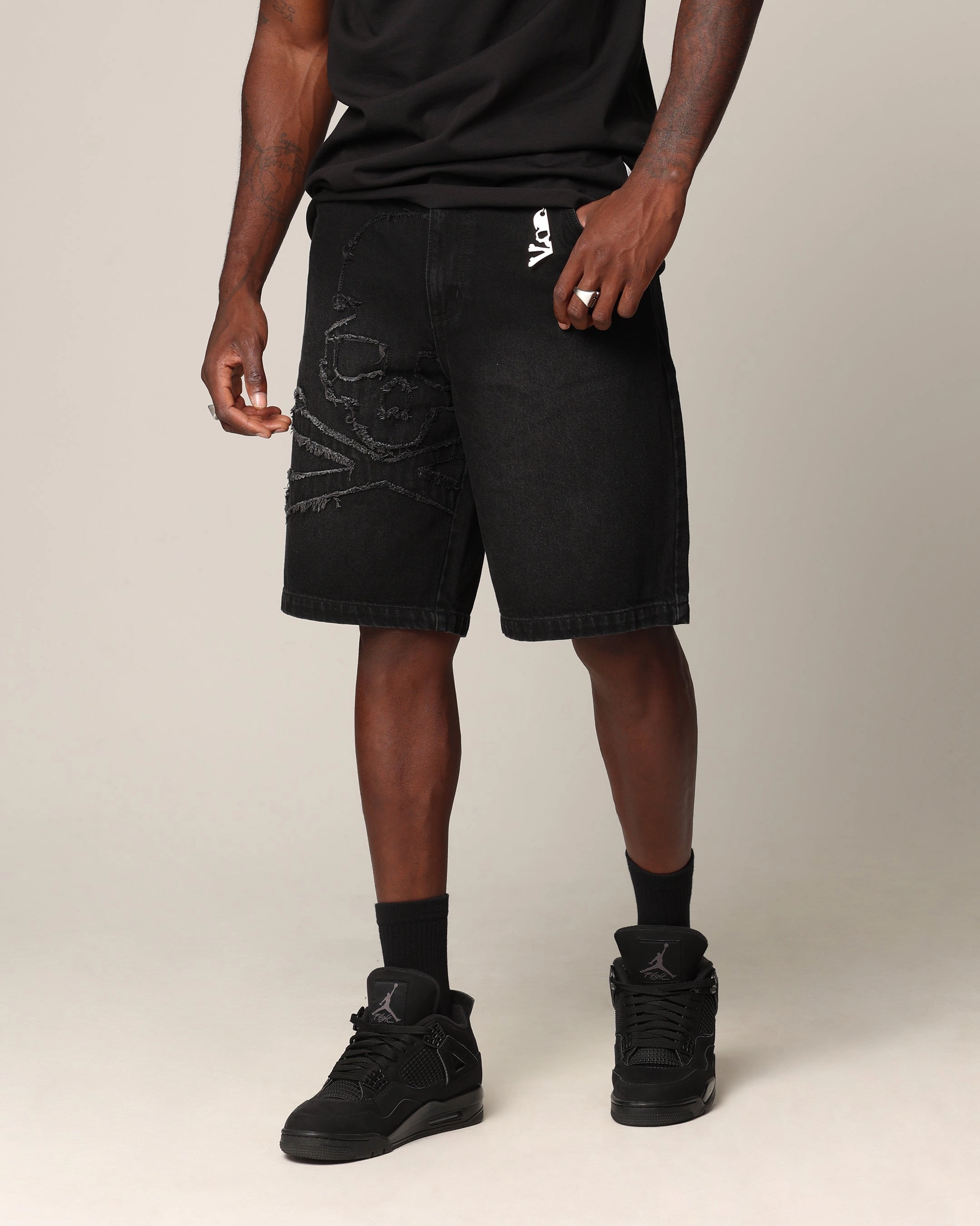 Exclusive item Saint Morta Half Skull Denim Shorts Washed Black