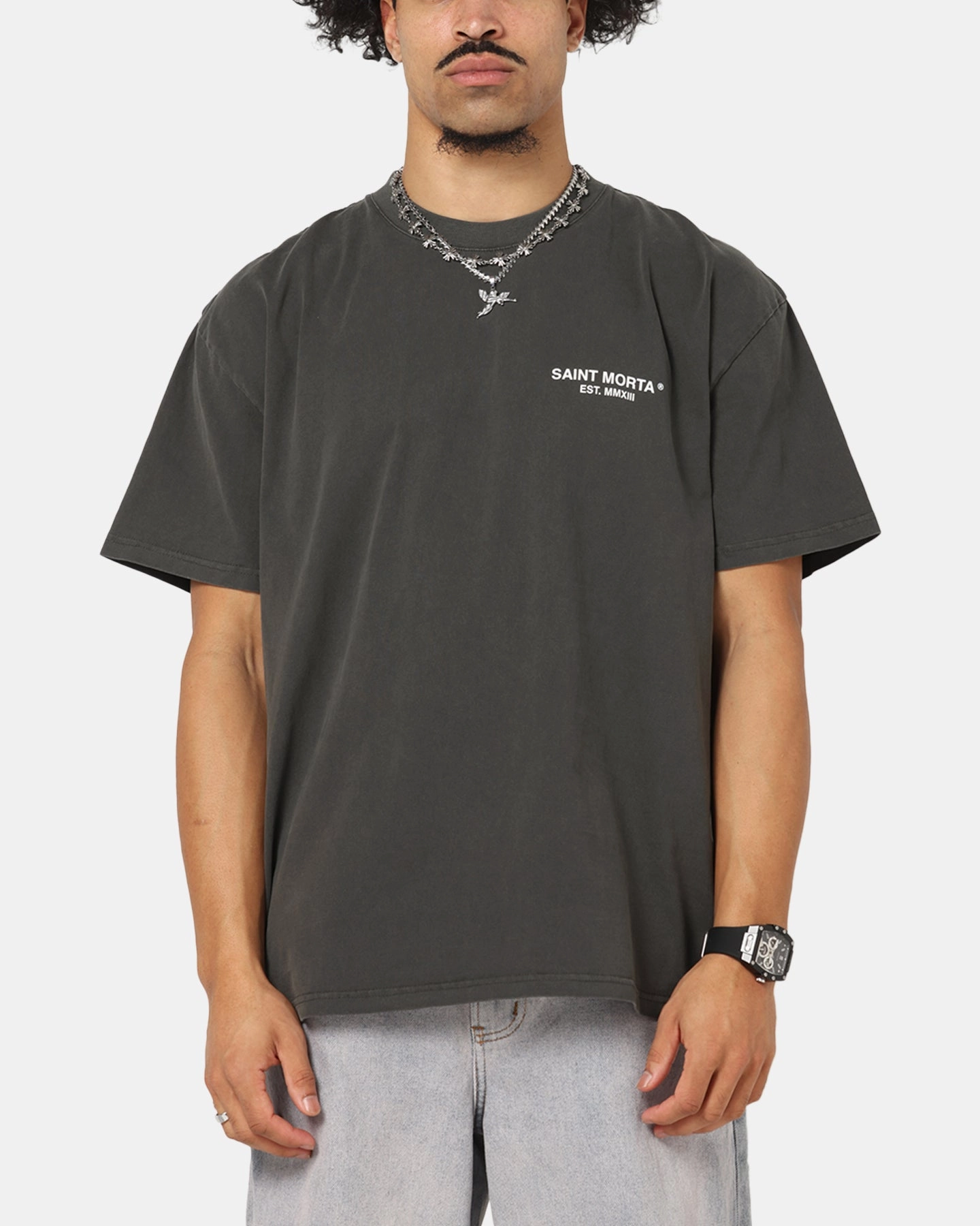 Leather combination Airflow Mesh Panels Saint Morta Heartbreak Boxy T-Shirt Black Wash