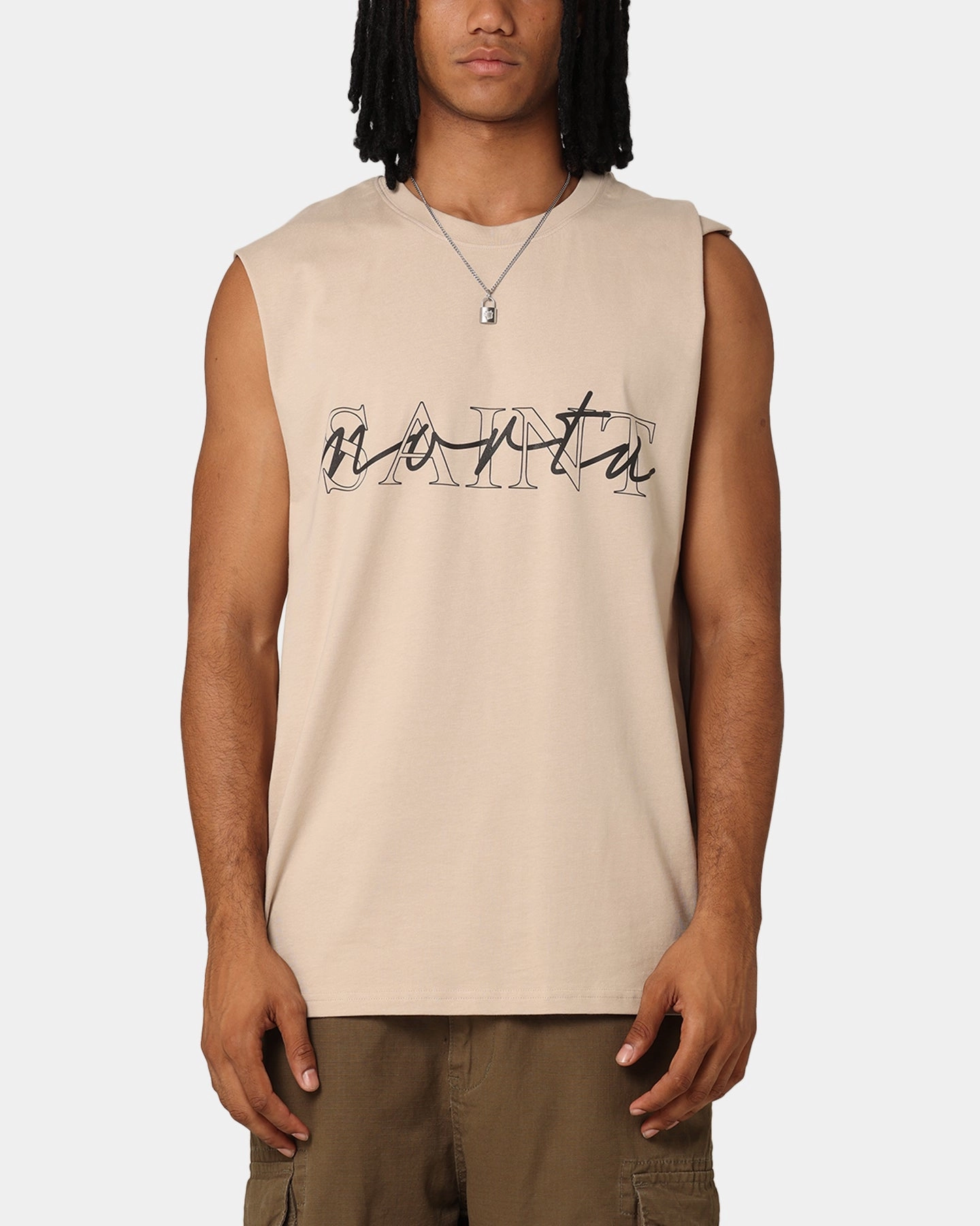 Drop Shoulder Cut Classic Fit Saint Morta Interlock Oversized Muscle T-Shirt Stone