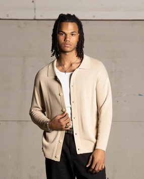 Eco-Friendly Fabric Saint Morta Knitted Long Sleeve Button Up Shirt Tan