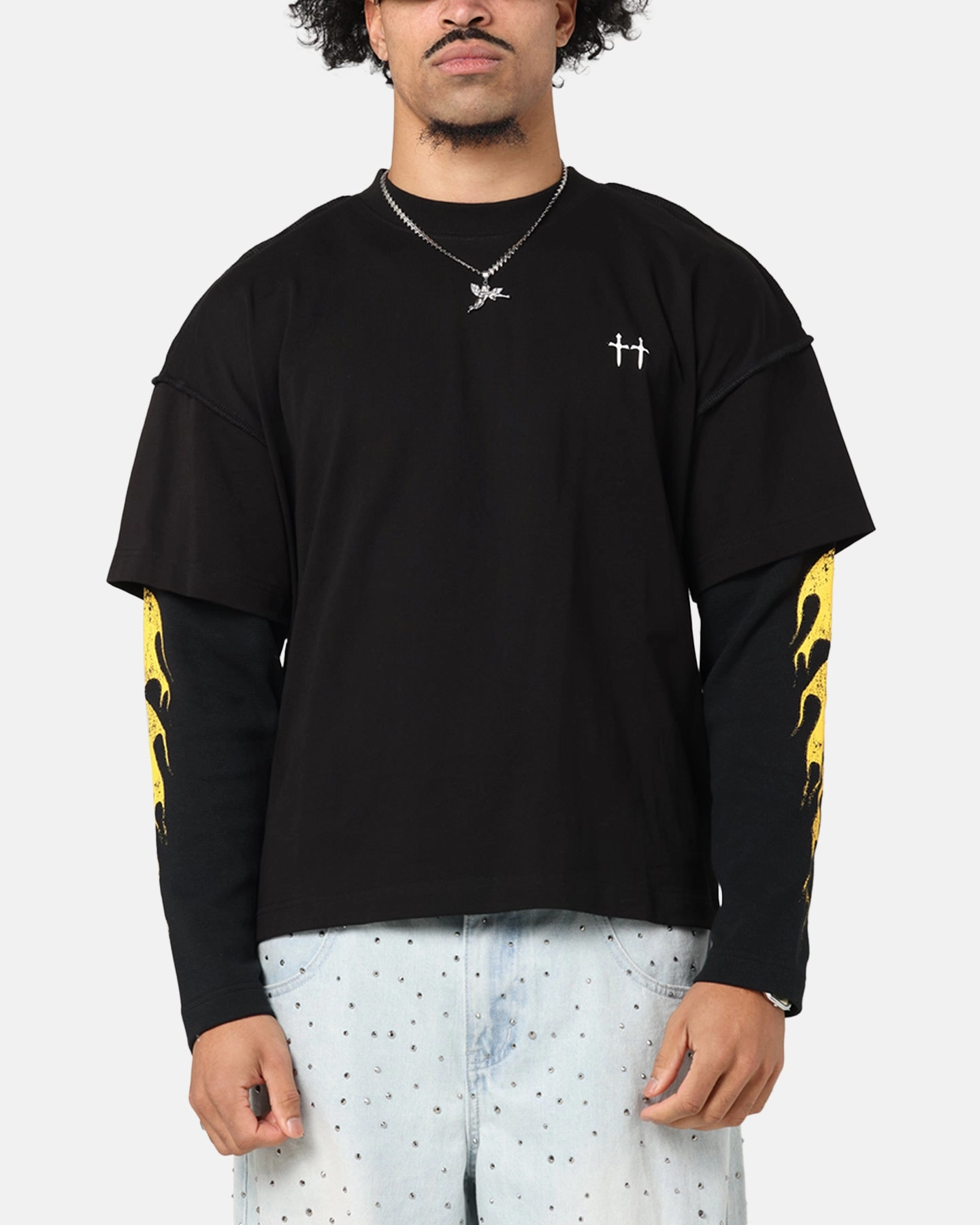 Stylish Comfort Cool and casual Saint Morta La Flame Long Sleeve T-Shirt Black