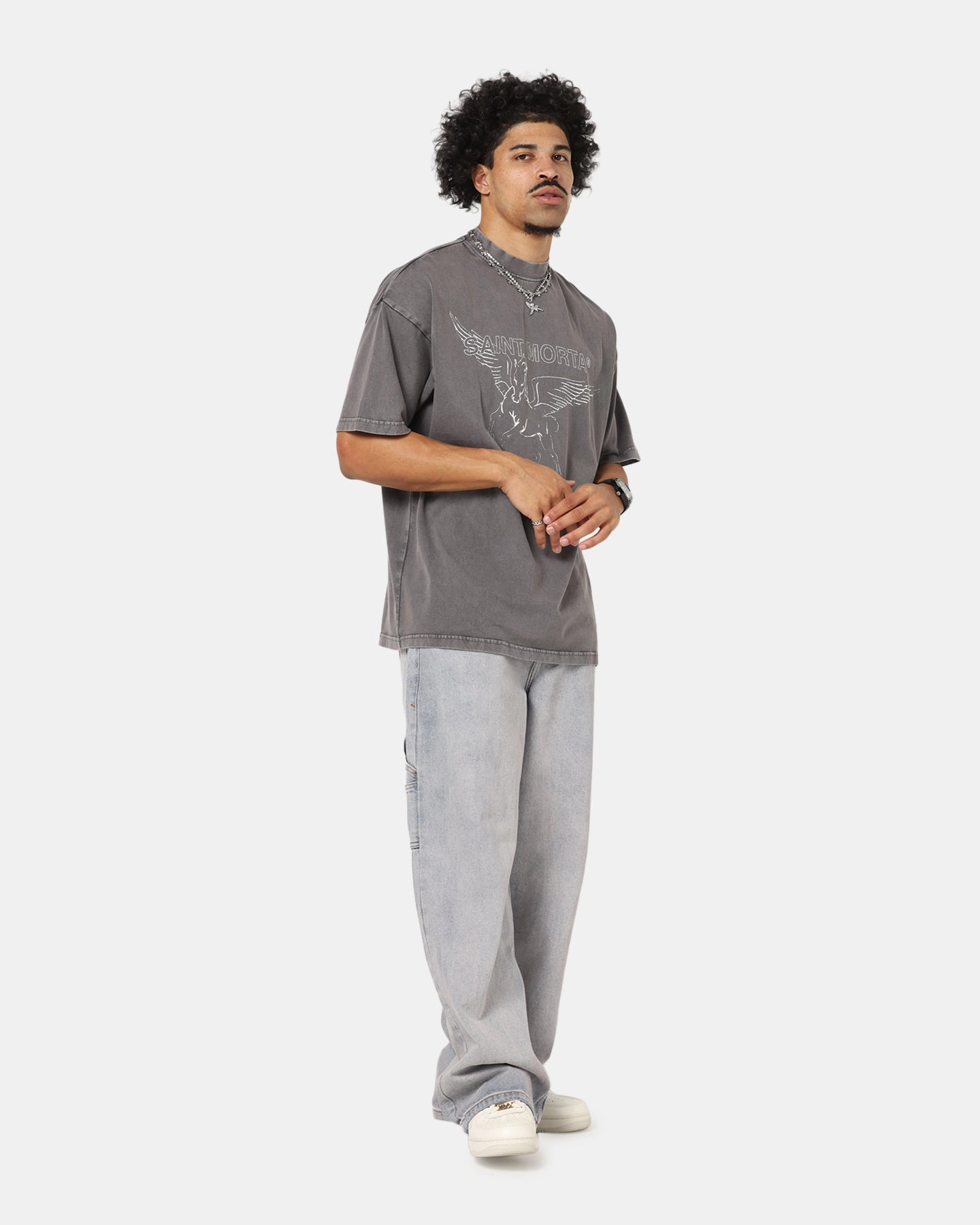 Saint Morta Liberty Mock Neck T-Shirt Washed Charcoal Stretchable Fabric