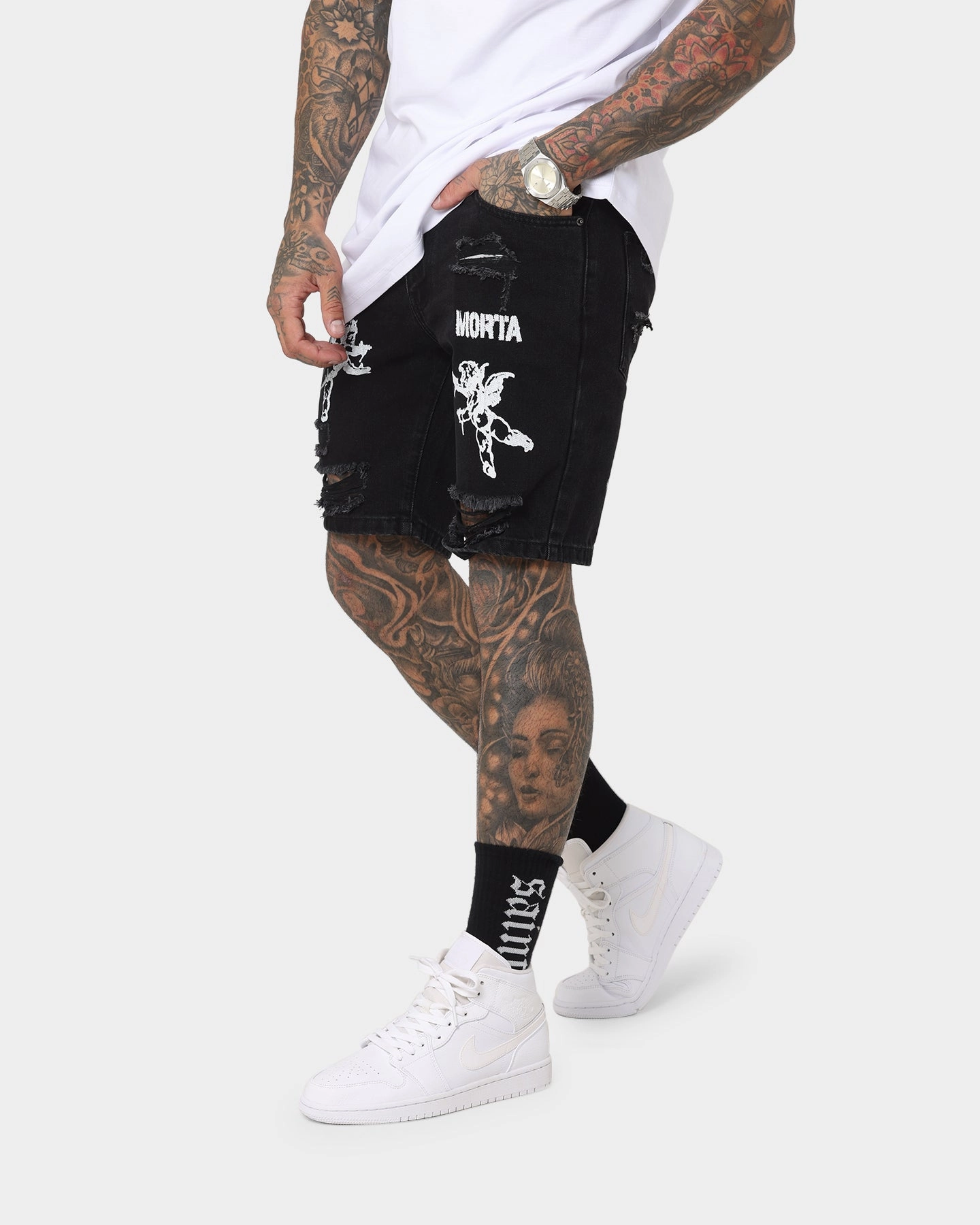 Secure Pocket Zippers Saint Morta Lil Uzi Distressed Denim Shorts Vintage Black