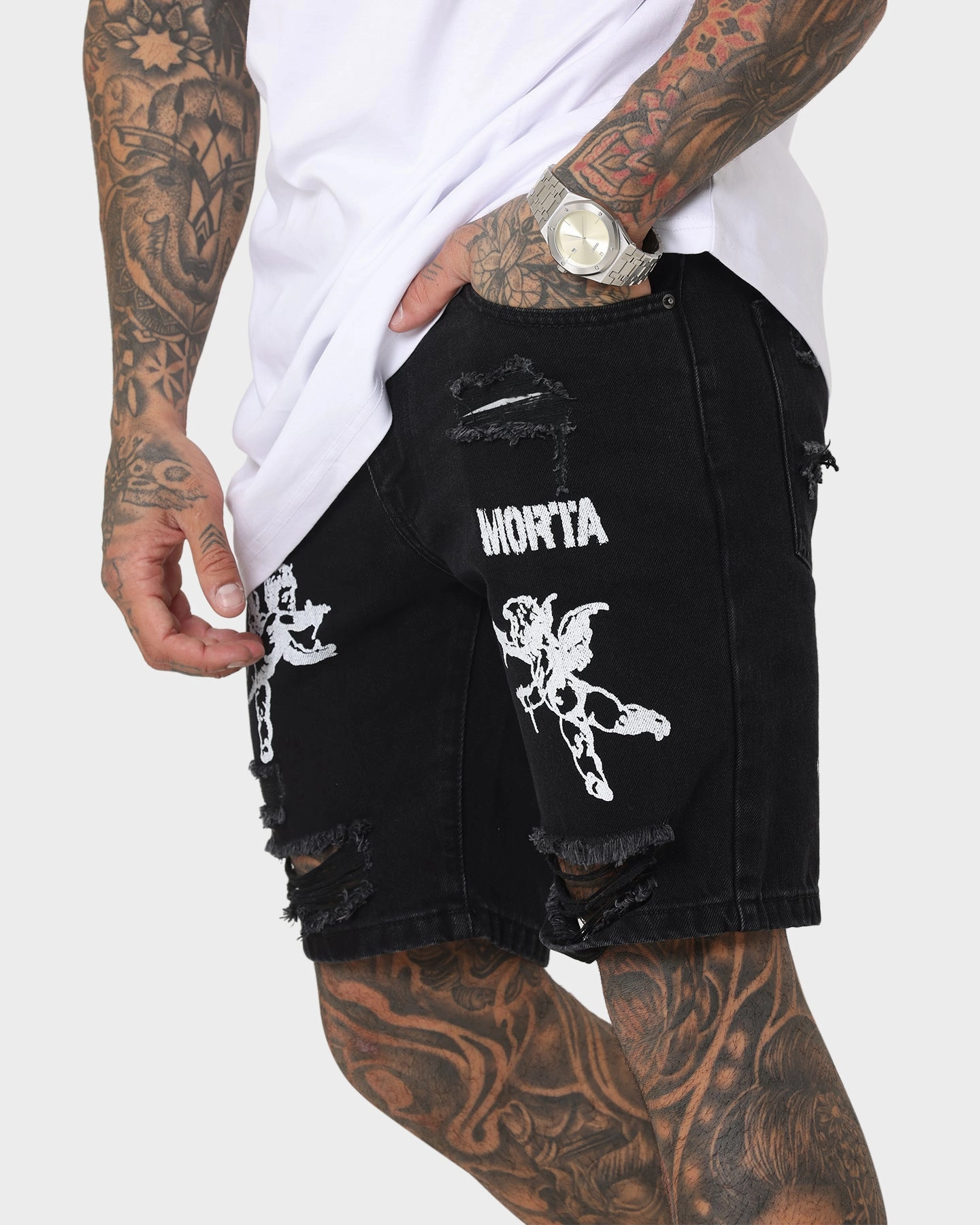AntiSnagTechnology dance clothing Saint Morta Lil Uzi Distressed Denim Shorts Vintage Black