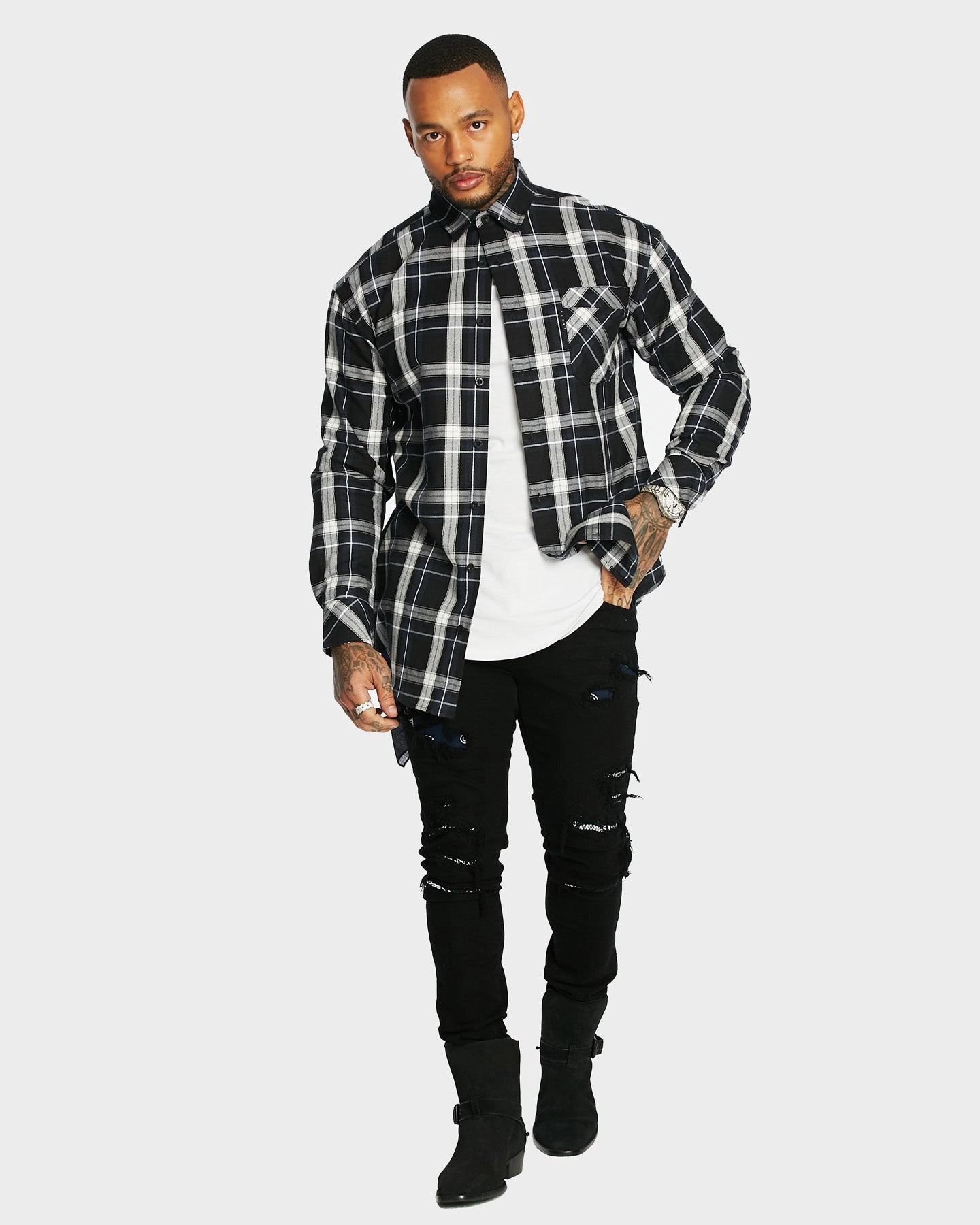 Saint Morta Men's Prima Long Sleeve Flannel Shirt Navy/Black/White Light Reflective Trims Beanie