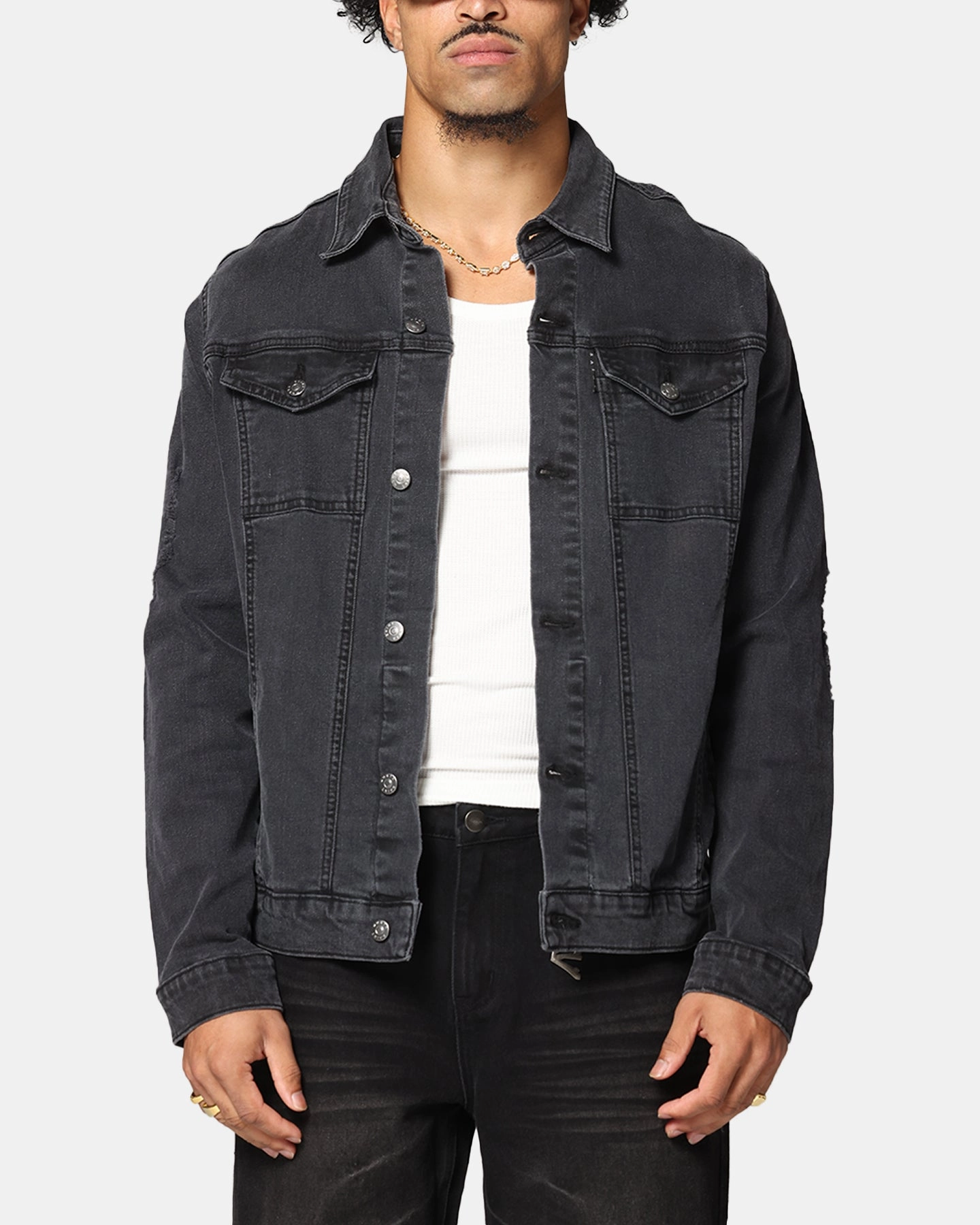 Saint Morta Men's Vintage Denim Jacket Aged Black AntiStaticLining Non Bulky Silhouette