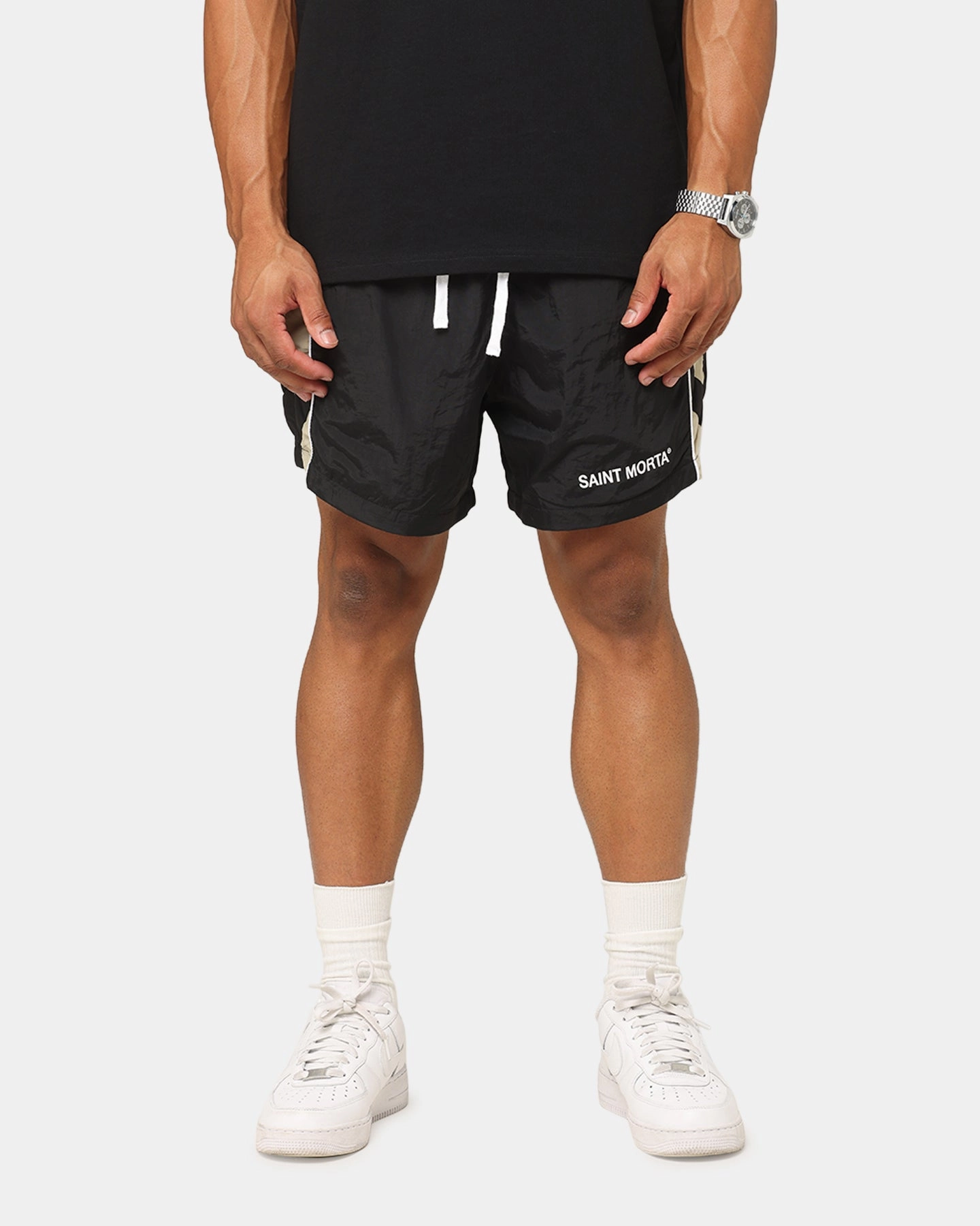 Saint Morta Official Panelled Beach Shorts Black/Stone Lightweight Weave