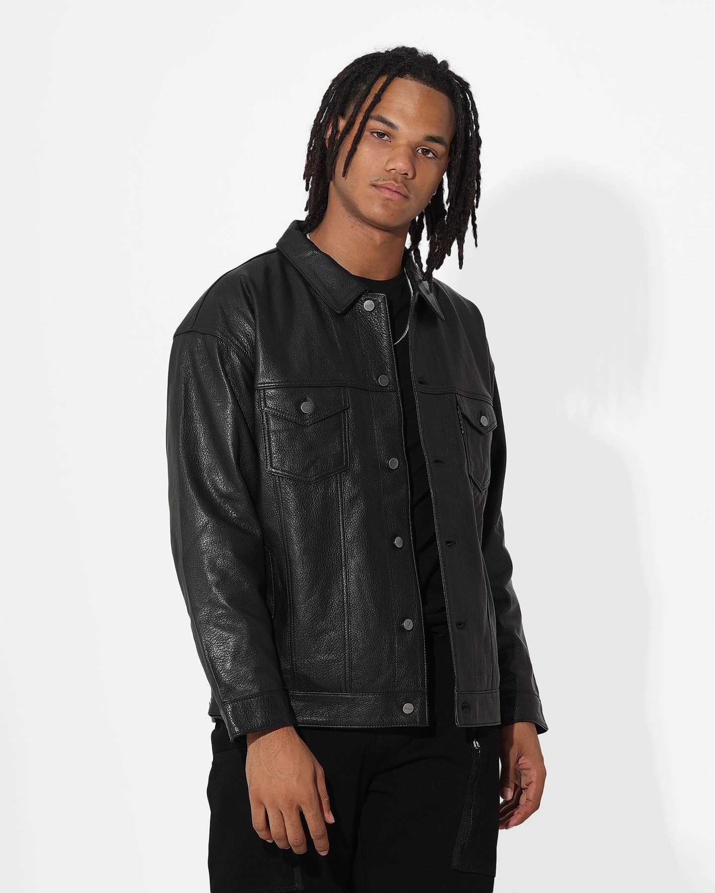 Service Smooth Finish Saint Morta Oversized Leather Trucker Jacket Black