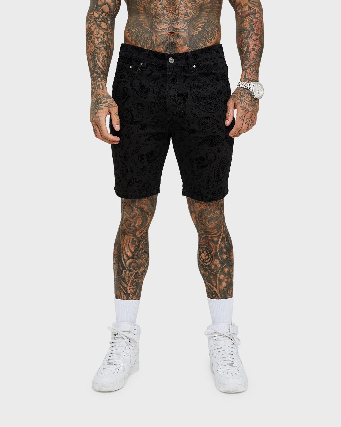 Saint Morta Paisley Skulls Denim Shorts Black/Black UPF Sun Protection