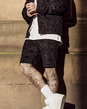 Saint Morta Paisley Skulls Denim Shorts Black/Black Chill Mood Slimming Effect