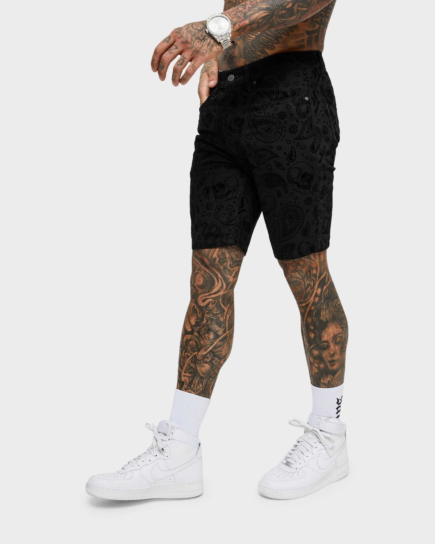 Saint Morta Paisley Skulls Denim Shorts Black/Black WaterResistantFinish