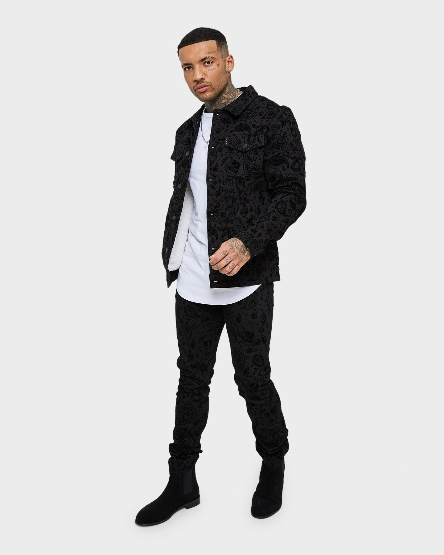 Saint Morta Paisley Skulls Sherpa Jacket Black/Black Skinny Fit