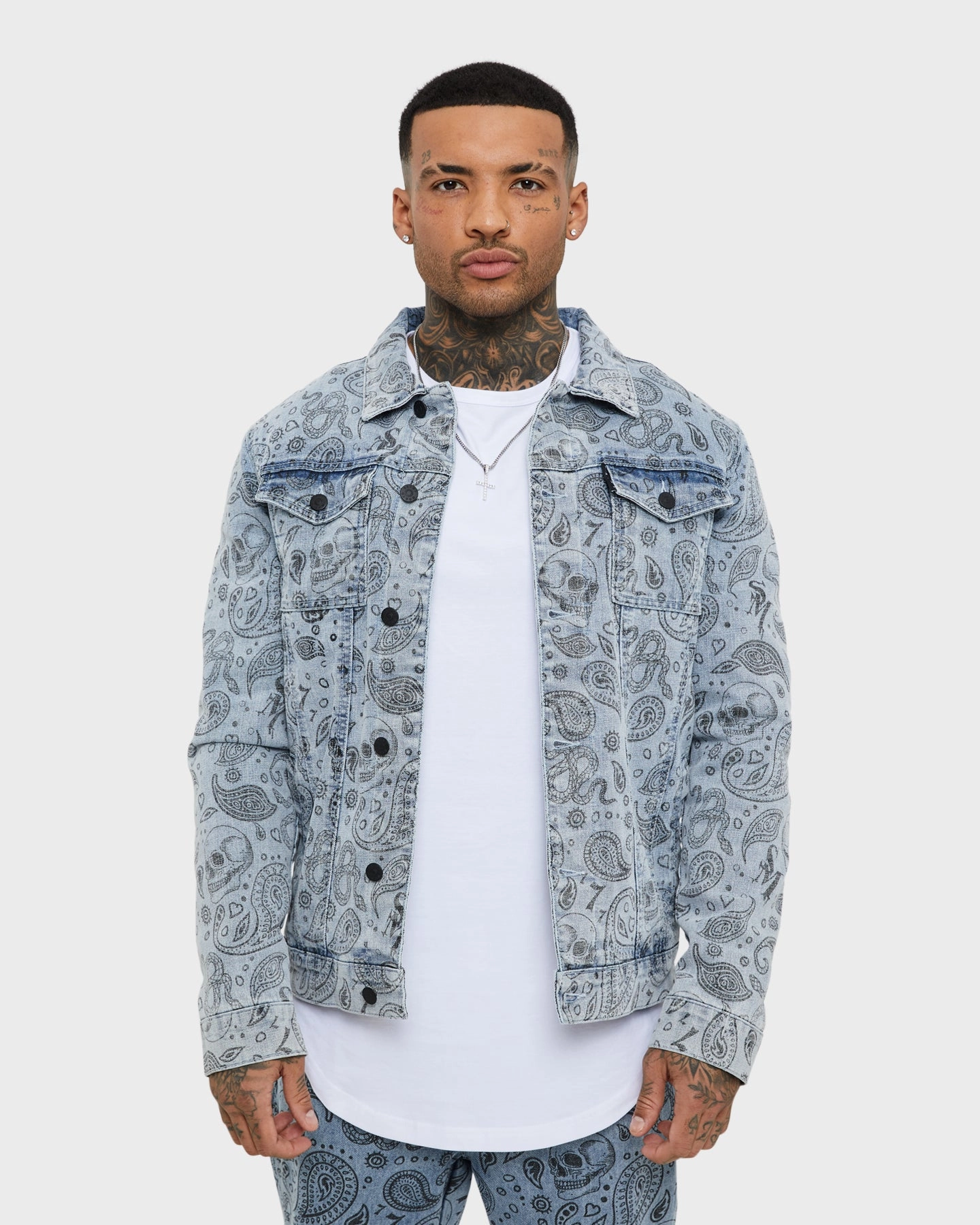 Saint Morta Paisley Skulls Sherpa Jacket Stone Wash Blue Stylish