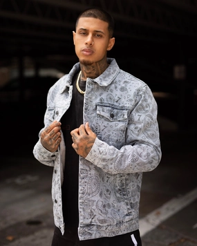Distribute Saint Morta Paisley Skulls Sherpa Jacket Stone Wash Blue