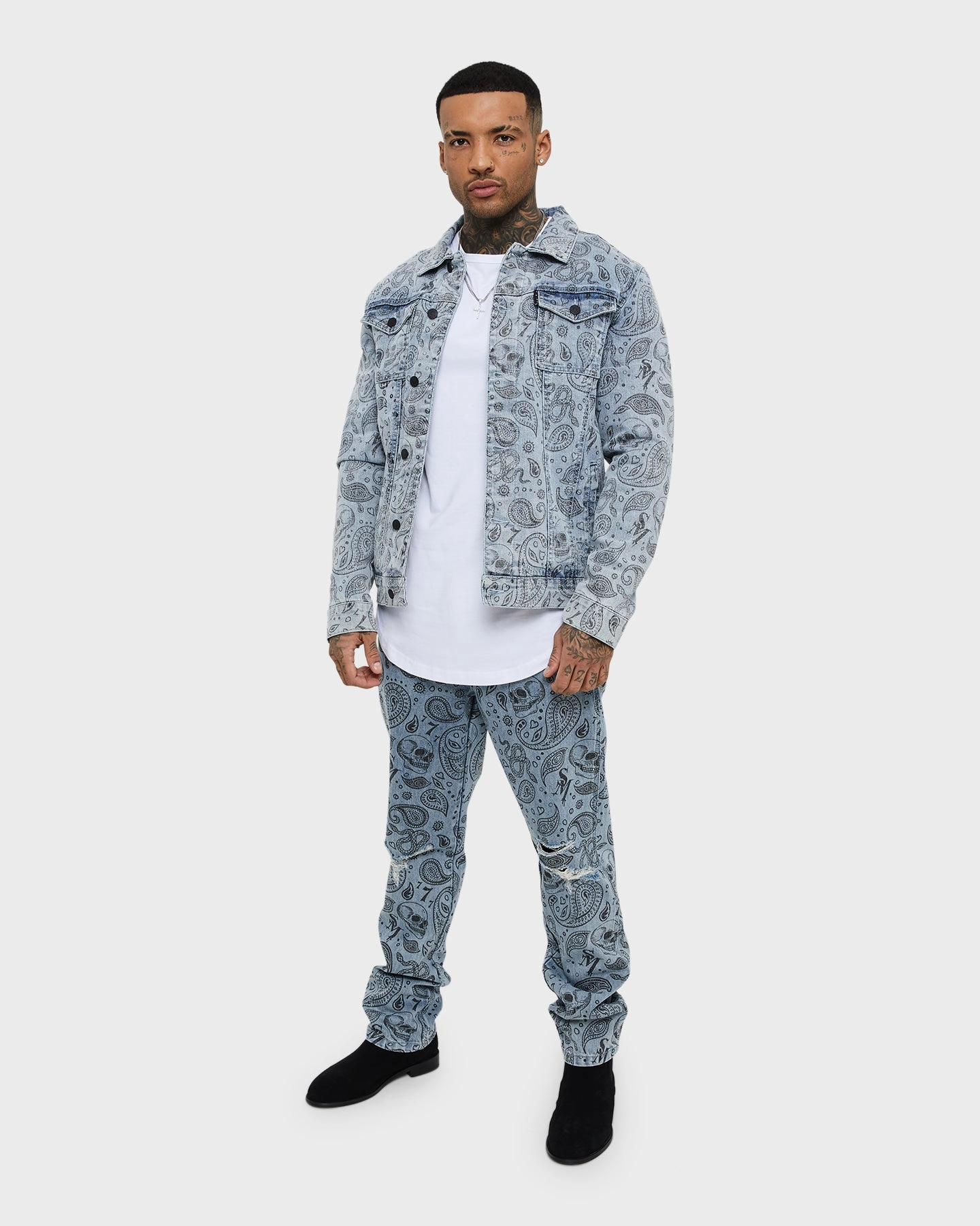 Saint Morta Paisley Skulls Sherpa Jacket Stone Wash Blue Patchwork Insulated Wear