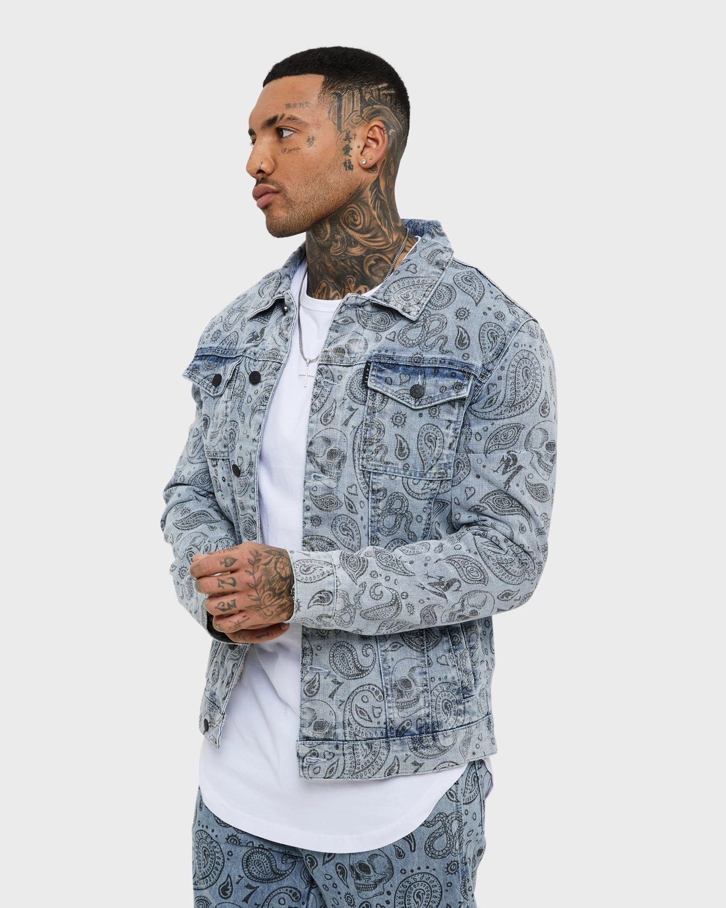 Saint Morta Paisley Skulls Sherpa Jacket Stone Wash Blue Lightweight Fabric Moisture Wicking Layer