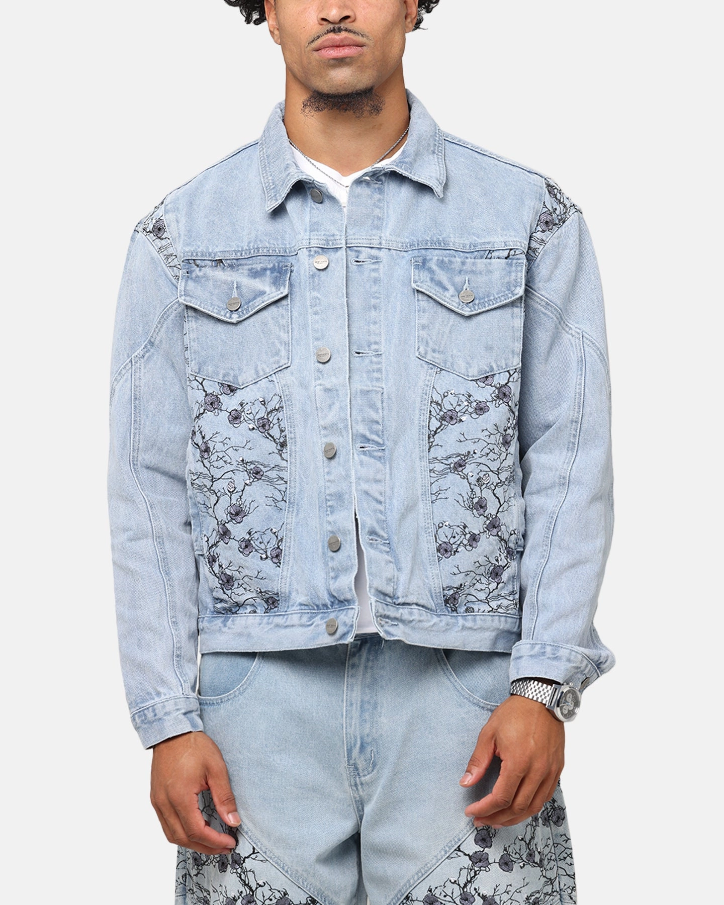 Saint Morta Poison Ivy Panel Denim Jacket Mid Blue Goggles