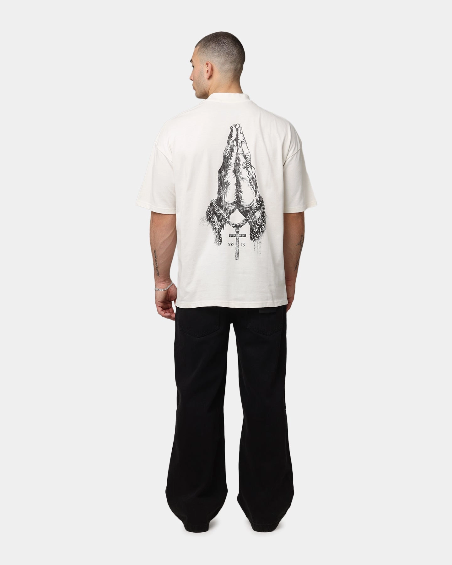 Saint Morta Pray For Me Mock Neck T-Shirt Off White UPF Rated Fabric