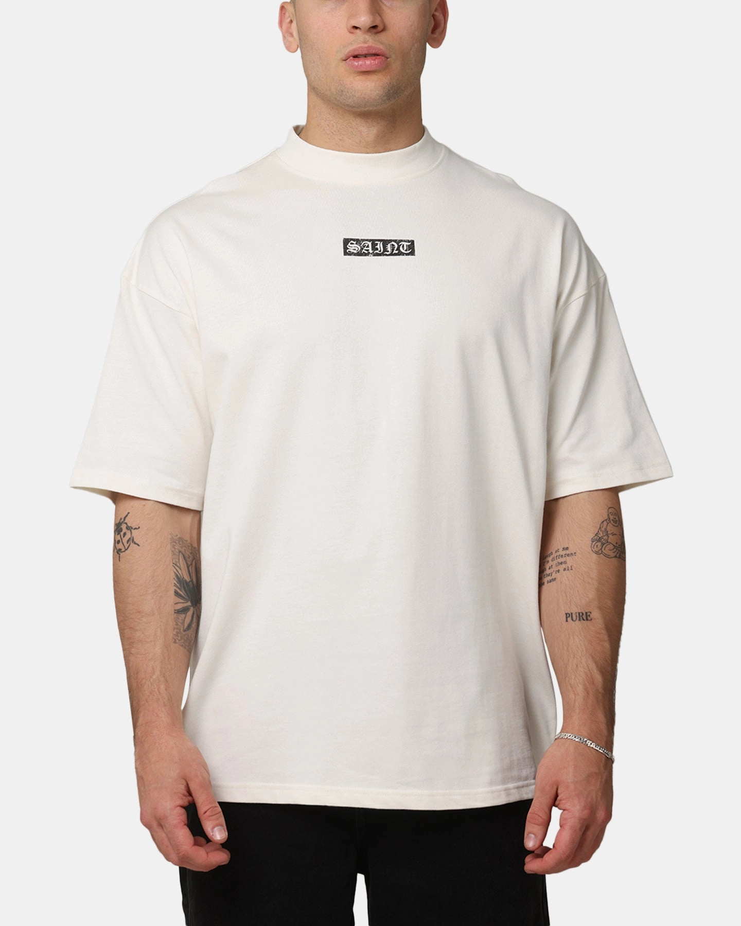 Saint Morta Pray For Me Mock Neck T-Shirt Off White Chic Vibes