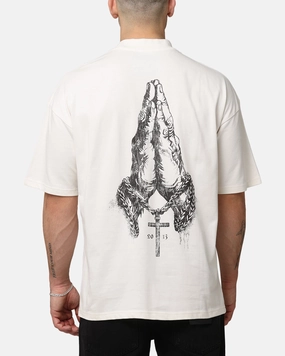 Layered Sleeve Comfortable Look Saint Morta Pray For Me Mock Neck T-Shirt Off White