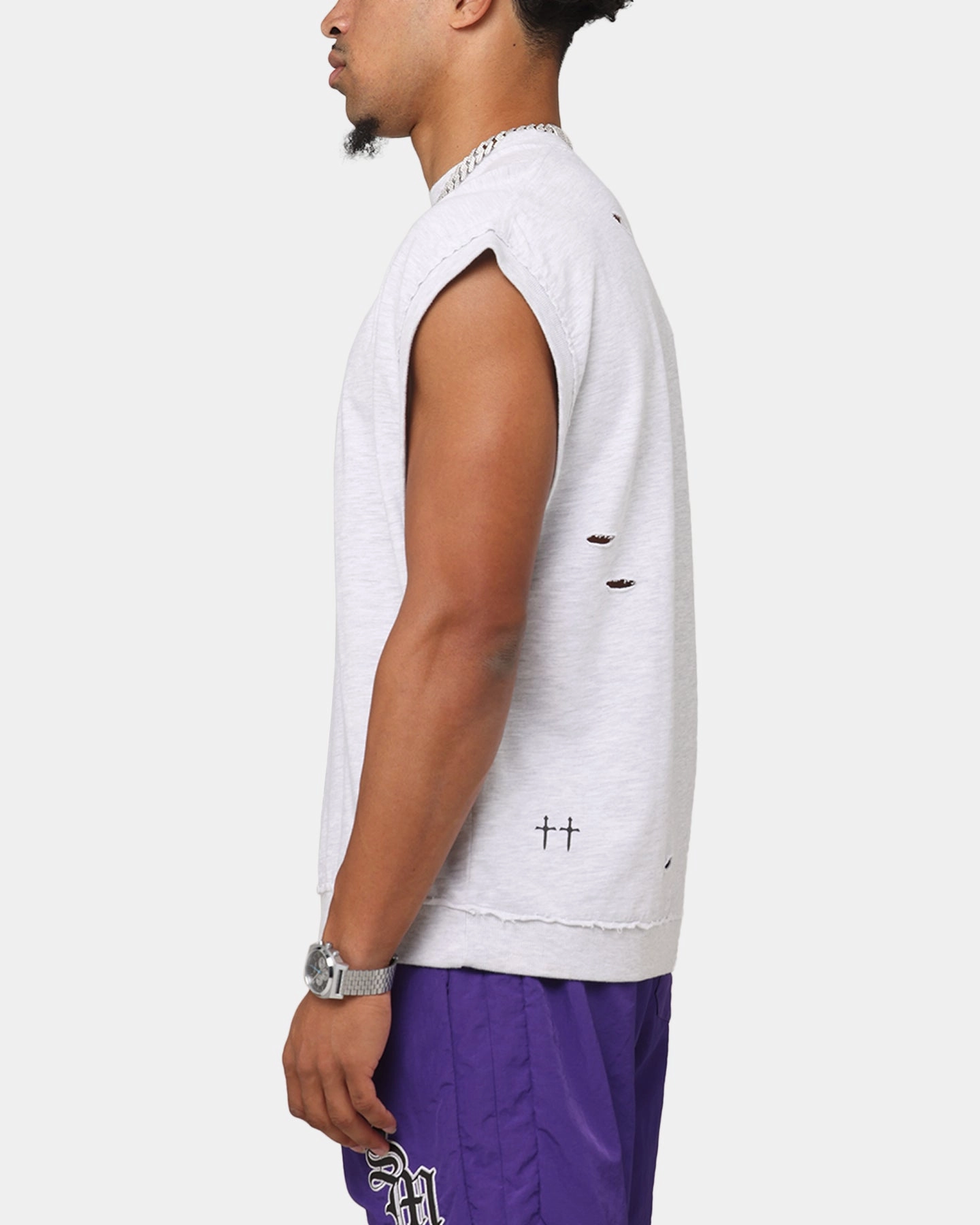 V neck style Relax Outfit Saint Morta Premium Cut Off Sweat Shirt Light Grey Marle