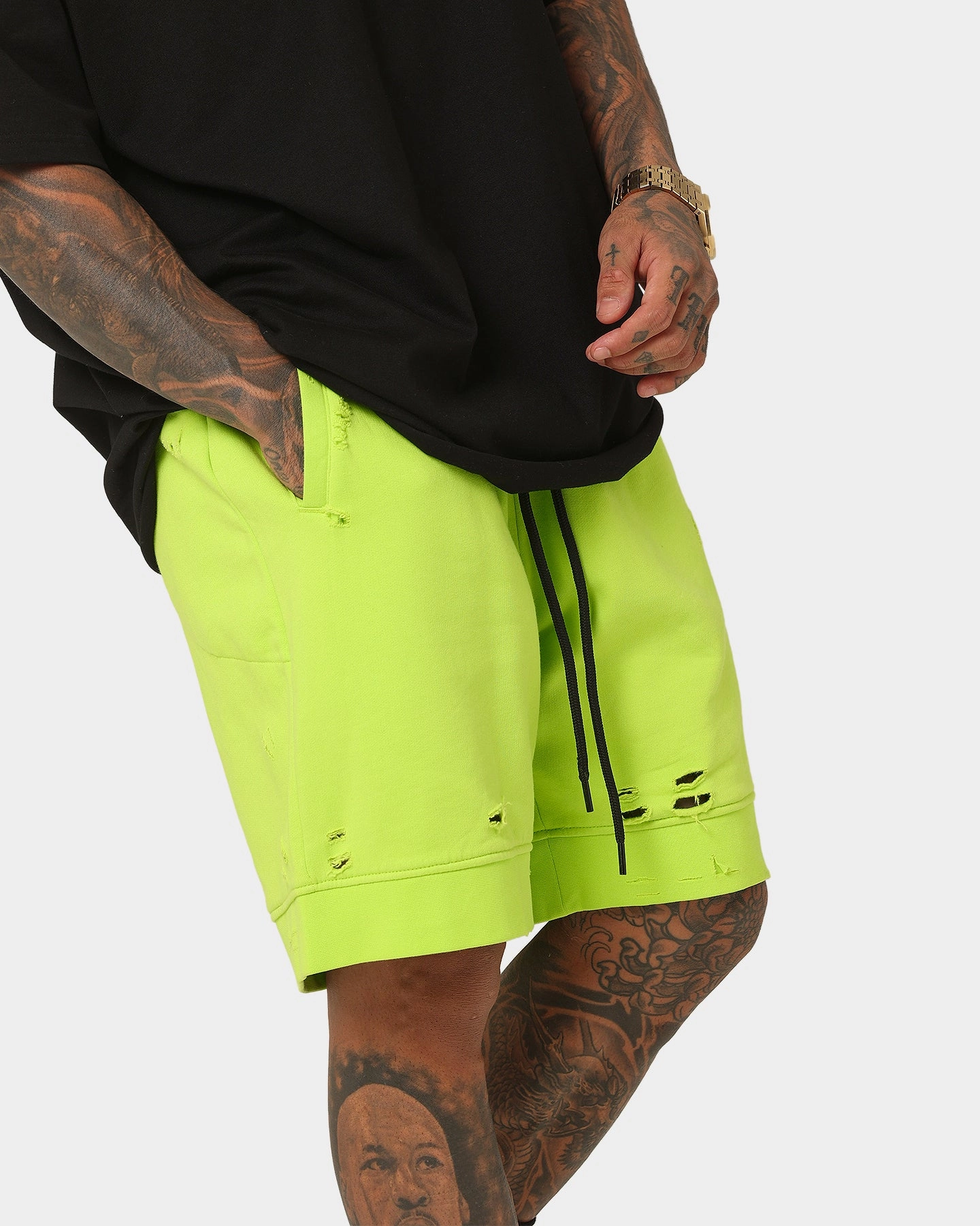 Saint Morta Rags Fleece Shorts Neon Green rhinestone accents anti static coating
