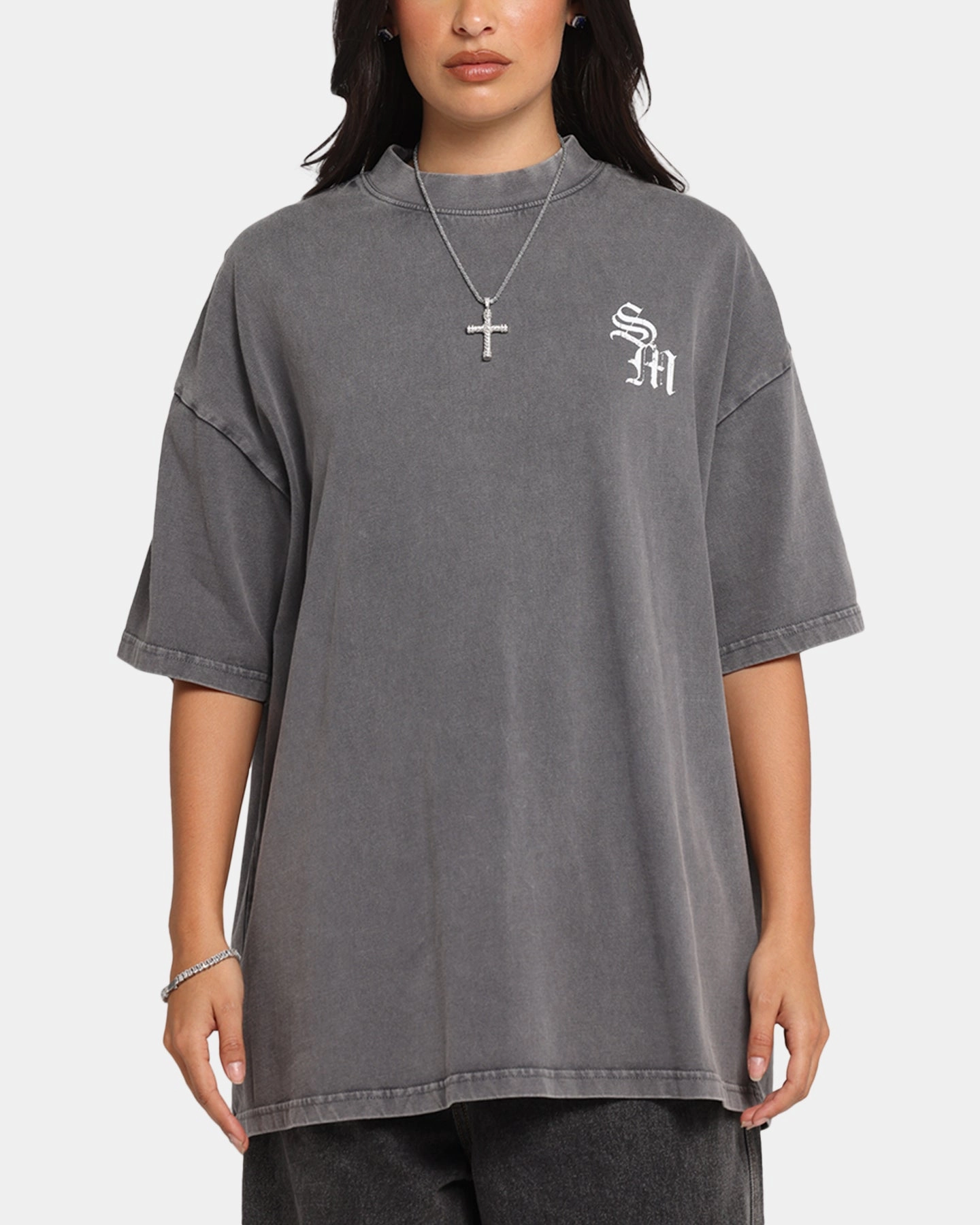 Saint Morta Redemption Mock Neck T-Shirt Washed Charcoal Multi Panel Design