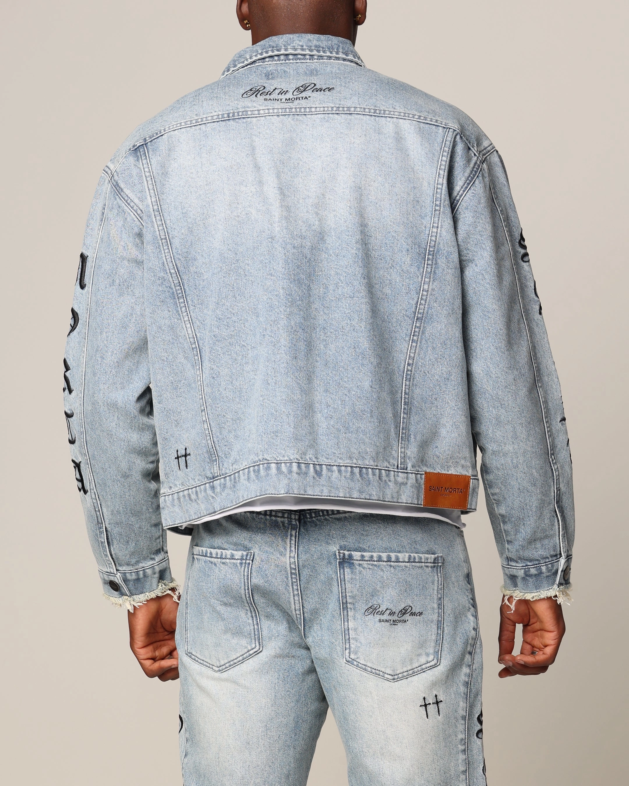 Emblem Saint Morta Rip Gothic Cutoff Denim Jacket Superwash Blue