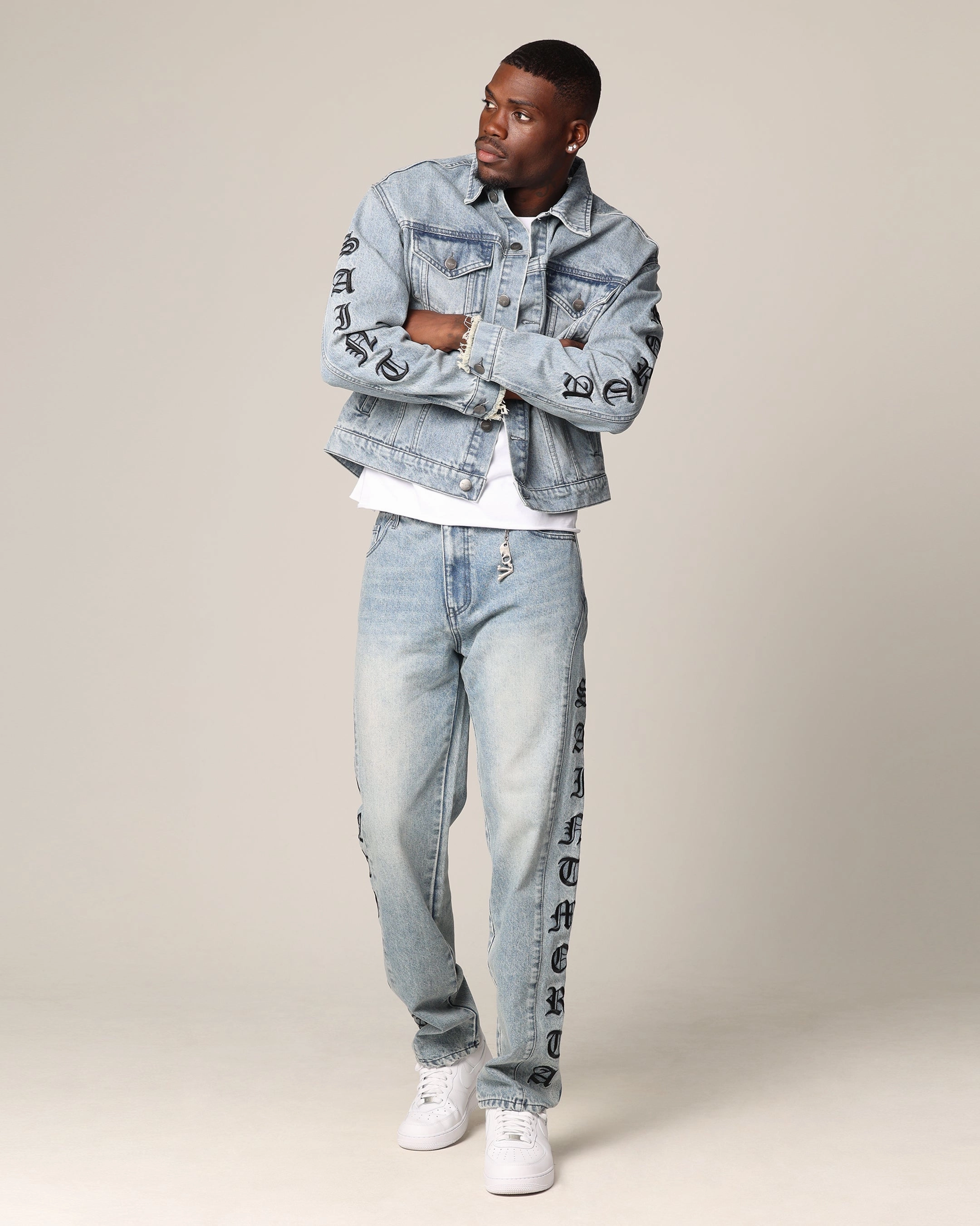 Saint Morta Rip Gothic Cutoff Denim Jacket Superwash Blue Merchandise Loose