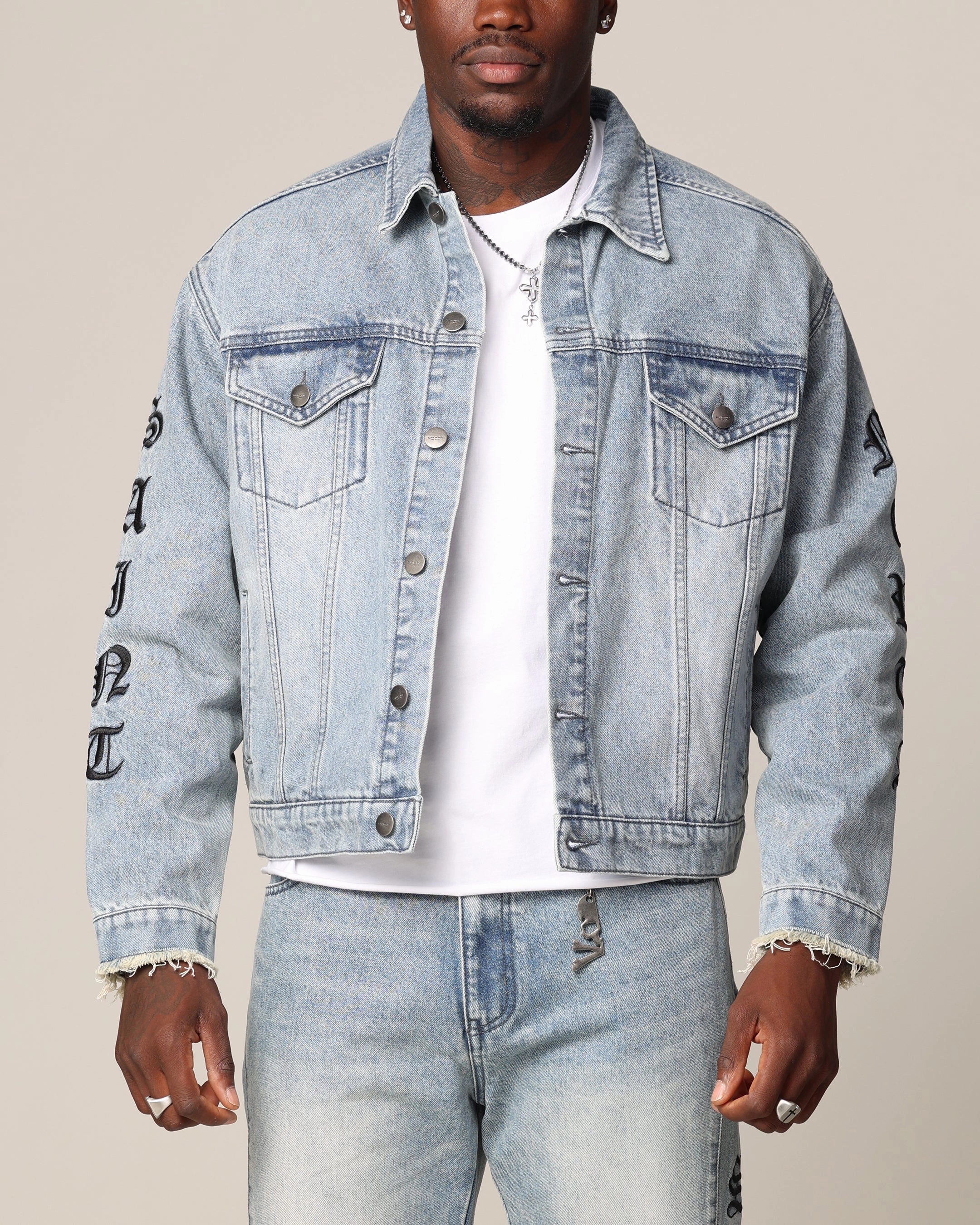 Saint Morta Rip Gothic Cutoff Denim Jacket Superwash Blue wallet Compression Strap Adjustment