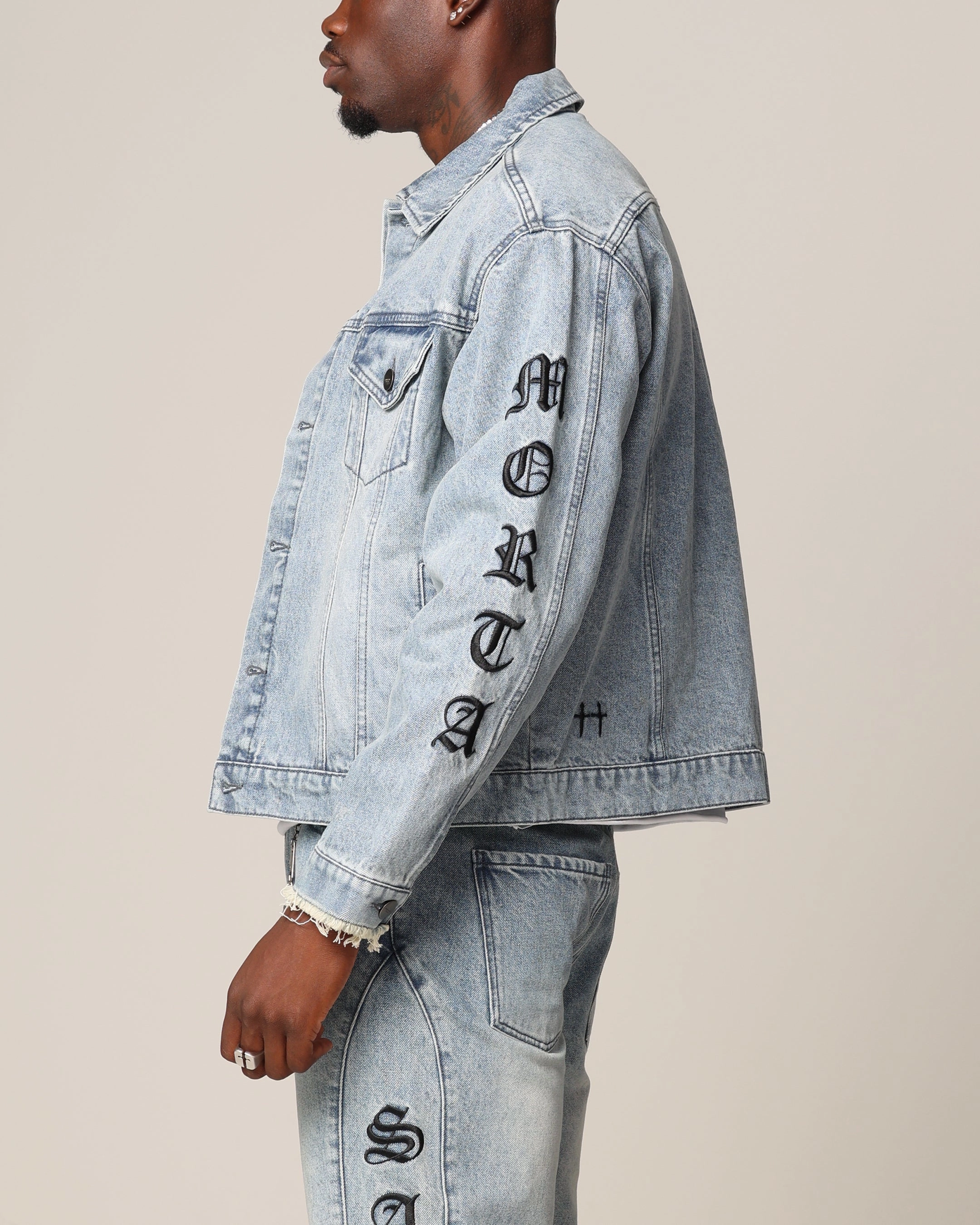 Saint Morta Rip Gothic Cutoff Denim Jacket Superwash Blue autumn clothing