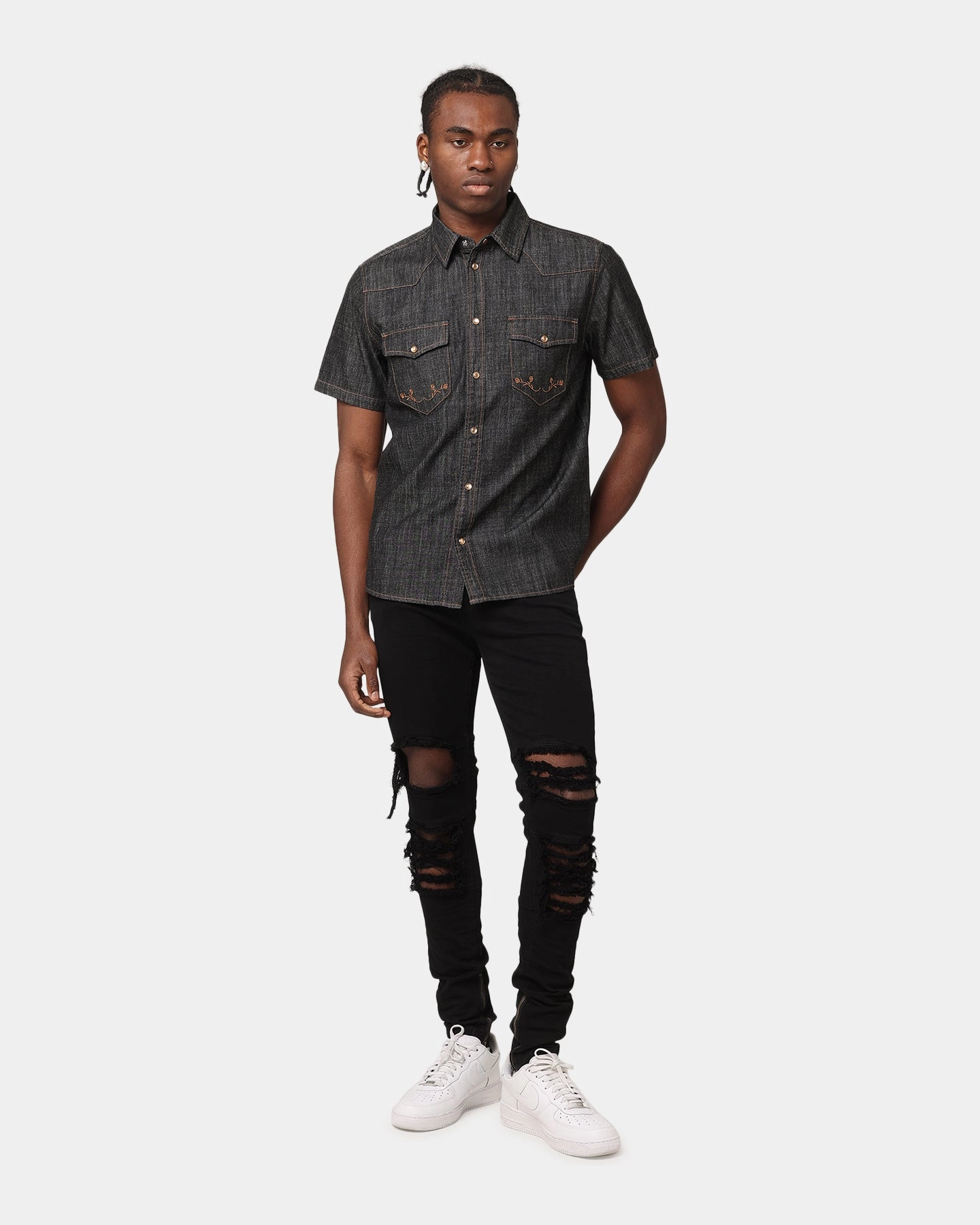 Saint Morta Rodeo Denim Shirt Black Adjustable Hem high-low hem
