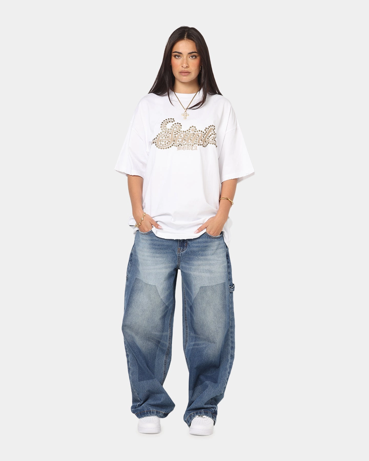 Drop Shoulder Design Comfy Layer Wear Saint Morta Rodeo Drive Boxy T-Shirt White/Brown