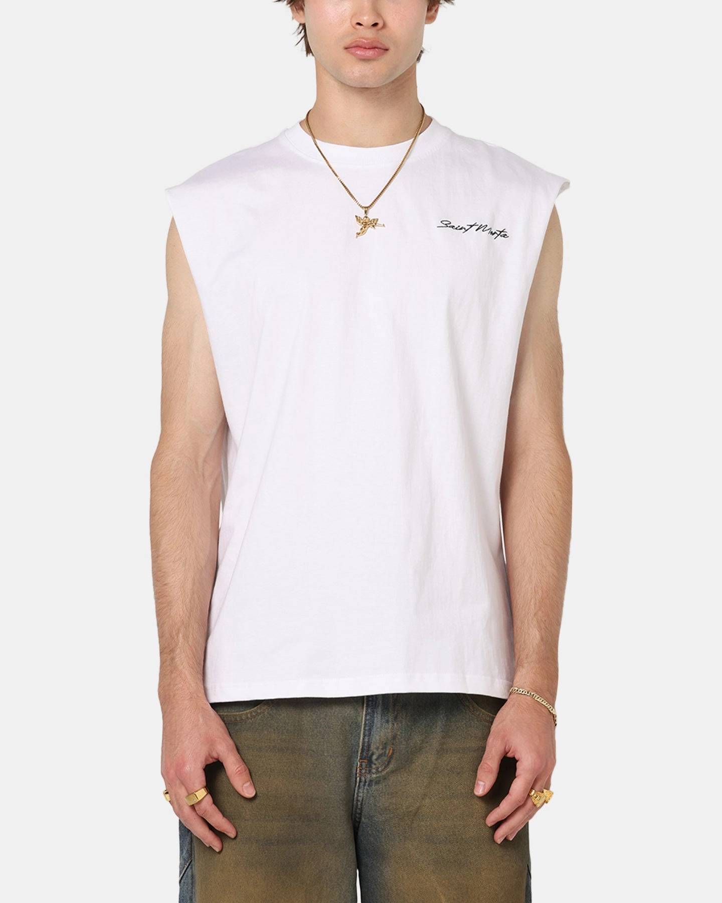 Saint Morta Scription Oversized Muscle T-Shirt White Functional Comfort