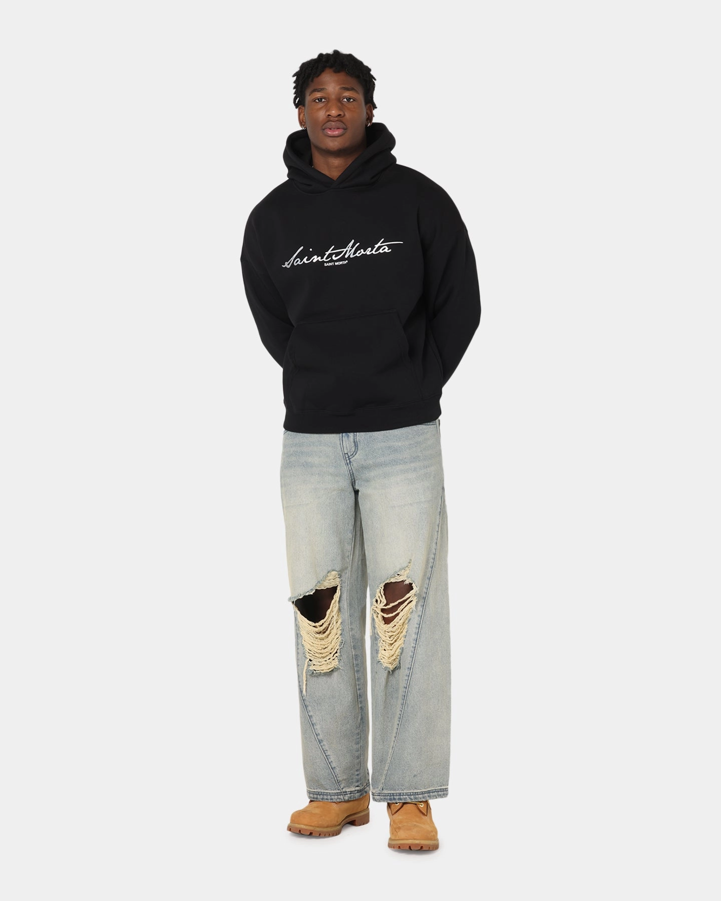 Saint Morta Scripture Boxy Hoodie Black Smooth No Roll Hem Easy Care
