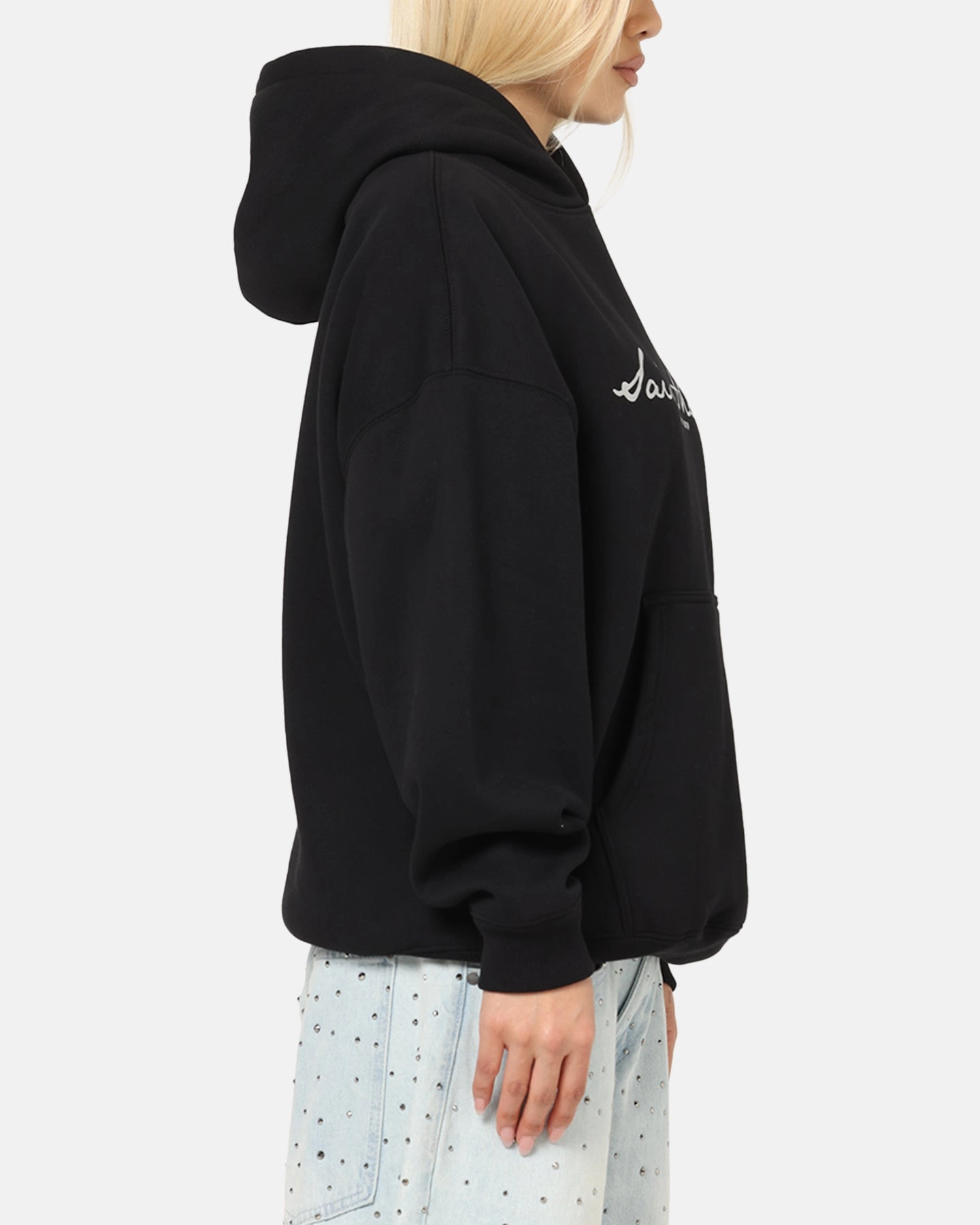 Slimming Easy Zip Saint Morta Scripture Boxy Hoodie Black